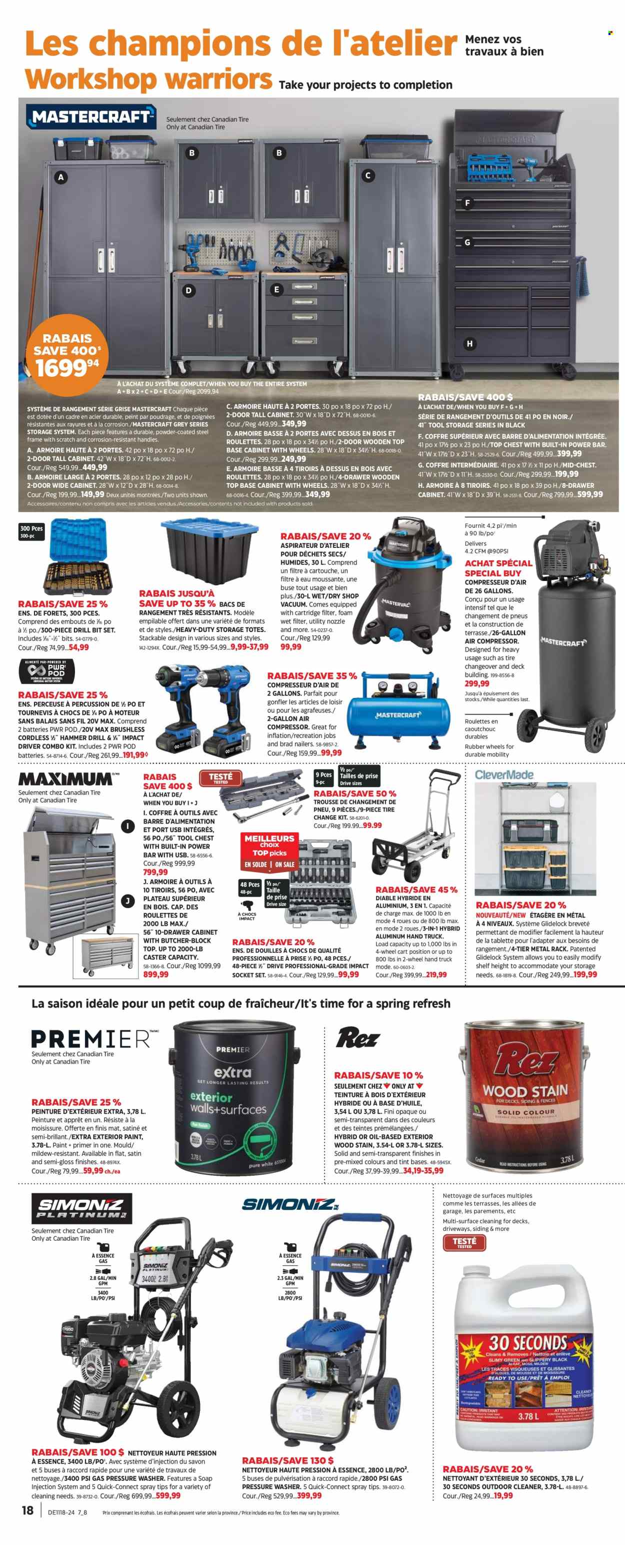 thumbnail - Canadian Tire Flyer - April 25, 2024 - May 15, 2024 - Sales products - cleaner, hand truck, compressor, percussion instrument, cabinet, drawer cabinet, shelves, tote, wood stain, impact driver, drill bit set, hammer drill, socket set, combo kit, tool chest, air compressor, cart, pressure washer, bit set. Page 16.