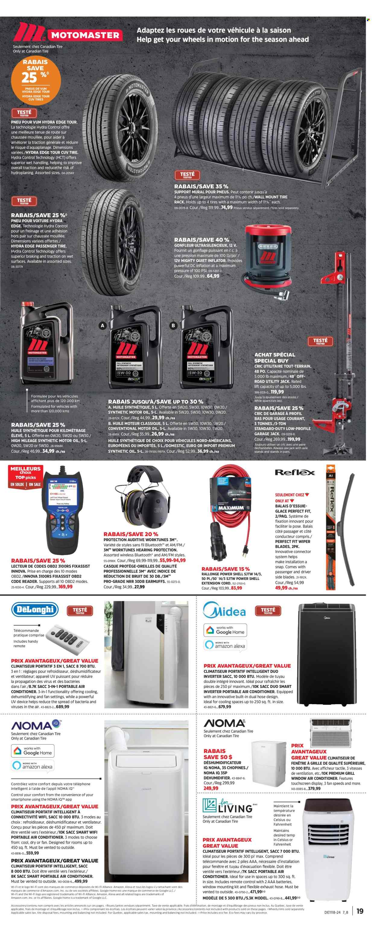 thumbnail - Canadian Tire Flyer - April 25, 2024 - May 15, 2024 - Sales products - dehumidifier, battery, google home, remote control, air conditioner, portable air conditioner, inflator, hearing protection, earmuffs, extension cord, grill, wiper blades, axle stands, motor oil, Shell. Page 17.