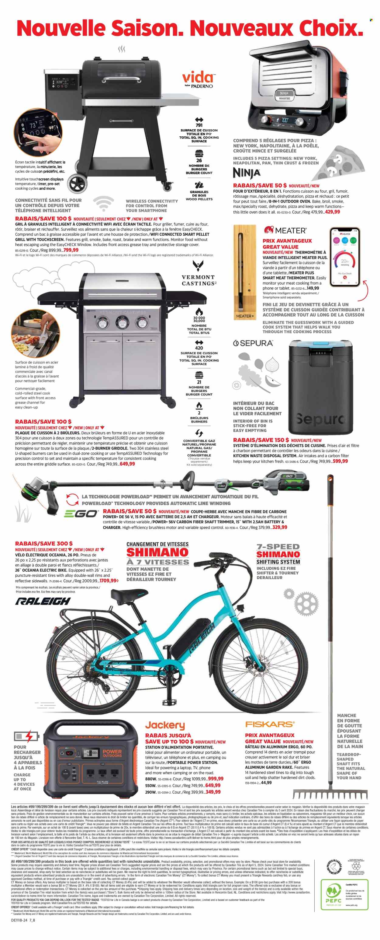 thumbnail - Canadian Tire Flyer - April 25, 2024 - May 15, 2024 - Sales products - thermometer, bin, pan, meat thermometer, presenter, paper, book, TV, oven, trimmer, electric bike, Shimano, bicycle, fishing rod, timer, window, portable power station, grill, pellet grill, griddle, rake, tires. Page 18.