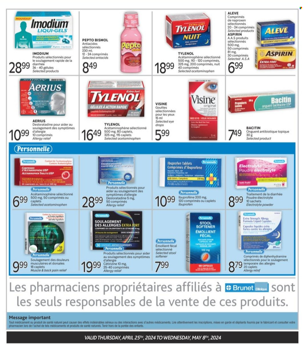 thumbnail - Brunet Clinique Flyer - April 25, 2024 - May 08, 2024 - Sales products - fabric softener, pain relief, Aleve, Tylenol, Ibuprofen, Pepto-bismol, eye drops, Antacid, aspirin, allergy relief, health supplement, antinauseant product, pain therapy, Imodium. Page 3.
