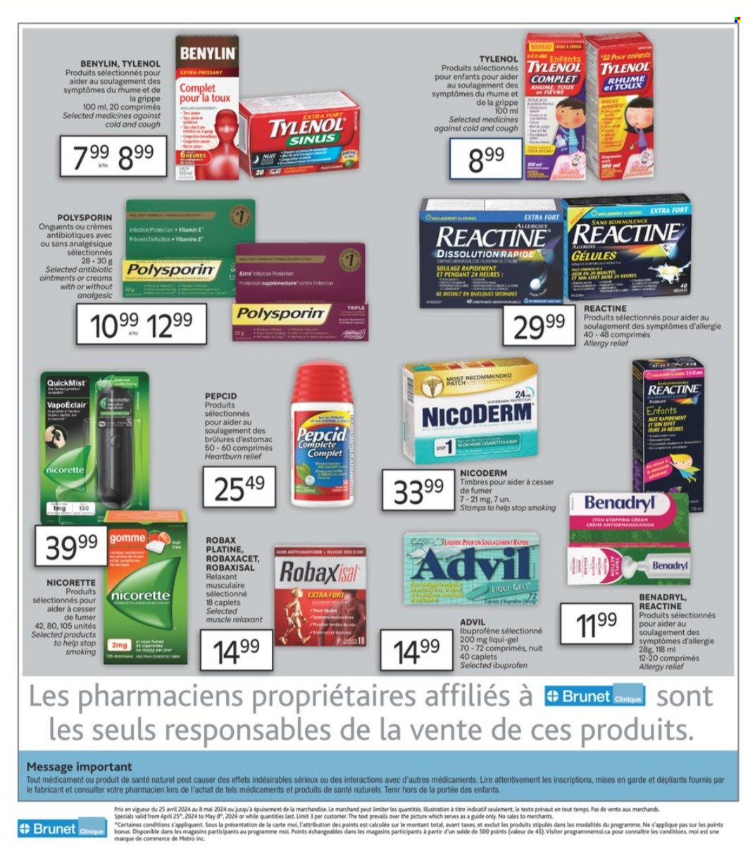 thumbnail - Brunet Clinique Flyer - April 25, 2024 - May 08, 2024 - Sales products - ointment, Clinique, NicoDerm, Nicorette, nicotine therapy, Tylenol, Ibuprofen, Pepcid, Advil Rapid, Benylin, allergy relief, Benadryl, allergy control, pain therapy, polysporin. Page 4.