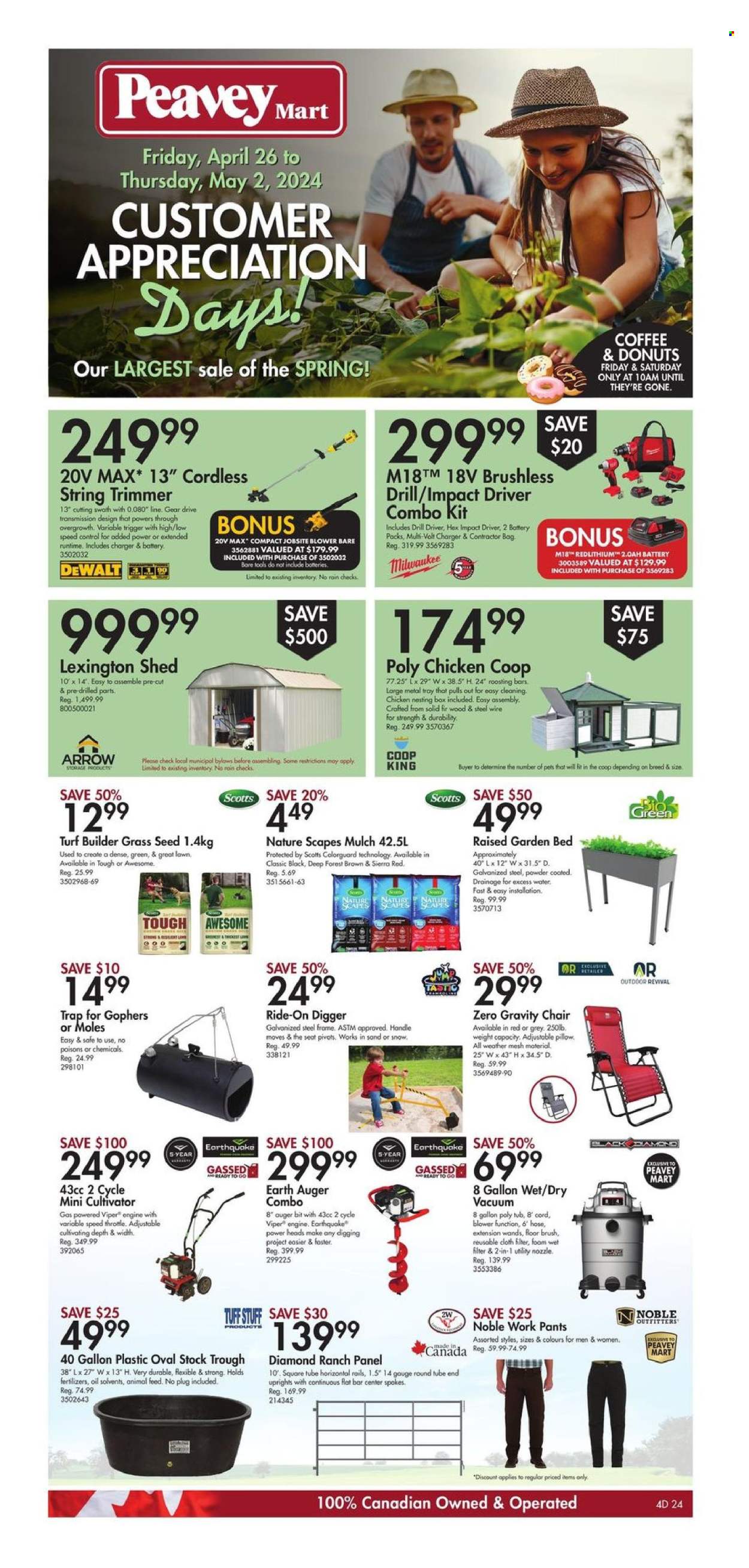thumbnail - Peavey Mart Flyer - April 26, 2024 - May 02, 2024 - Sales products - plug, safe, battery, pillow, chicken coop, chair, pants, DeWALT, Milwaukee, drill, impact driver, string trimmer, combo kit, work pants, gauge, shed, grass seed, turf builder, garden bed, garden mulch, viper. Page 1.
