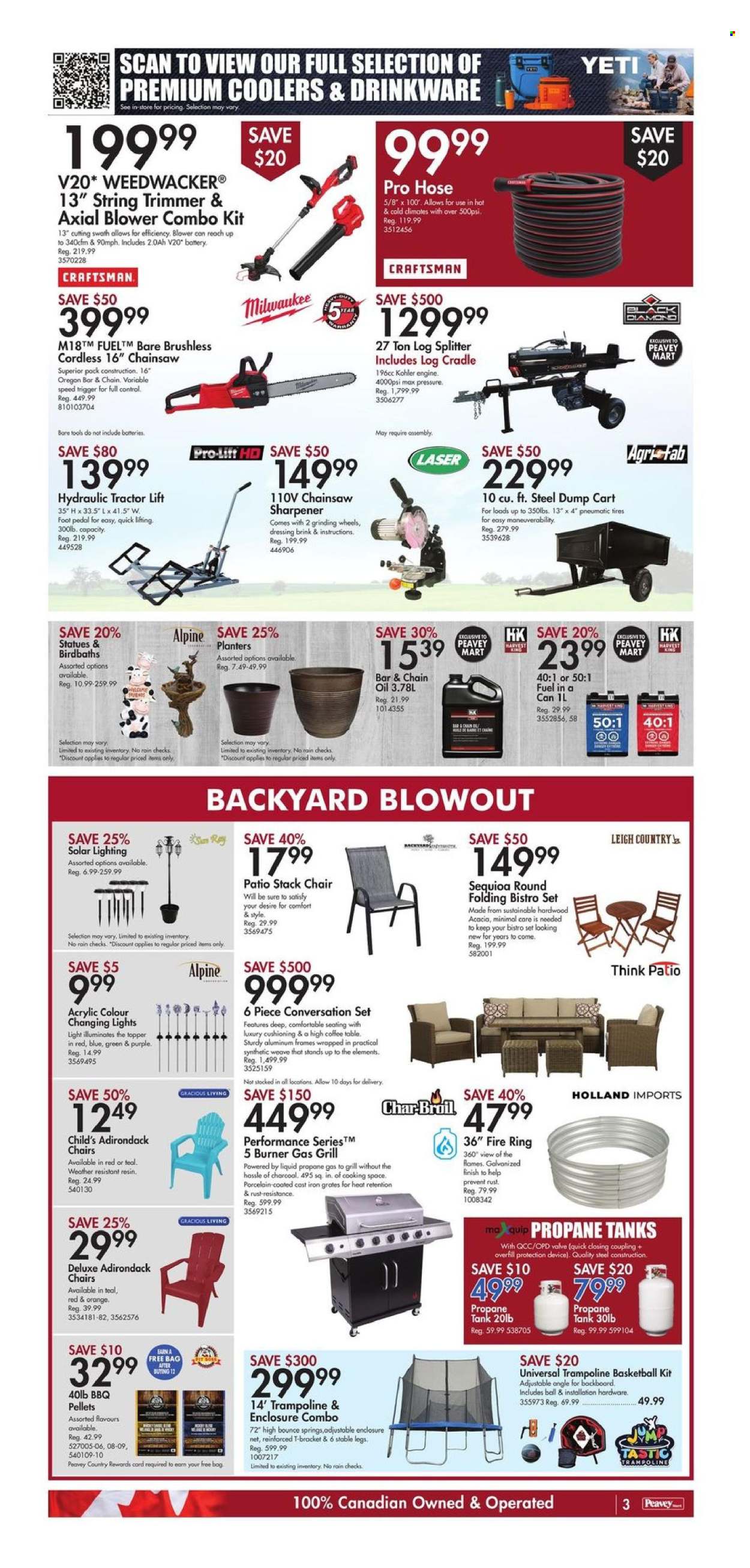 thumbnail - Peavey Mart Flyer - April 26, 2024 - May 02, 2024 - Sales products - dressing, drinkware, sharpener, topper, coffee table, chair, laser, statue, trampoline, lighting, Milwaukee, Craftsman, chain saw, grinding wheel, string trimmer, log splitter, combo kit, blower, propane tank, gas grill, grilling pellets, tires. Page 4.