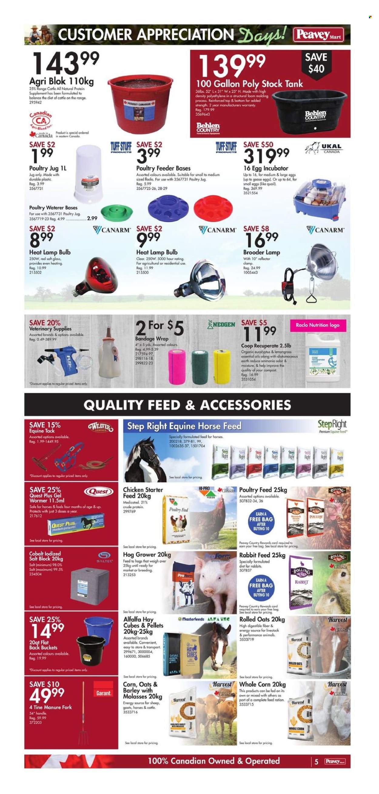 thumbnail - Peavey Mart Flyer - April 26, 2024 - May 02, 2024 - Sales products - safe, fork, essential oils, bulb, feeder, tank, poultry feeder, waterer, animal food, rabbit feed, lamp, clamp, eucalyptus, compost, manure, starter, eggs. Page 6.