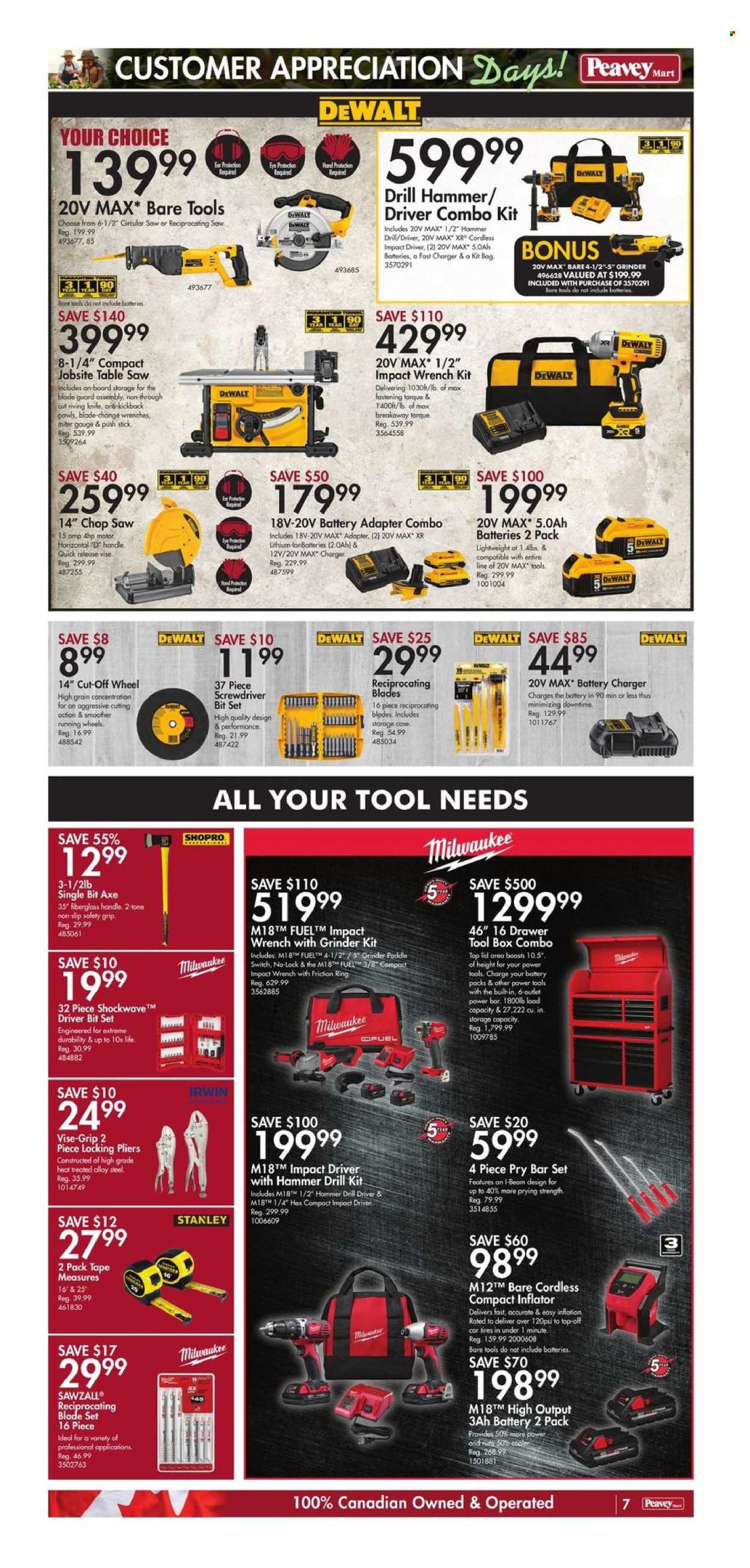 thumbnail - Peavey Mart Flyer - April 26, 2024 - May 02, 2024 - Sales products - lid, bag, battery charger, DeWALT, Stanley, Milwaukee, drill, impact driver, power tools, hammer drill, impact wrench, circular saw, reciprocating saw, table saw, screwdriver bits, pliers, pry bar, tool box, combo kit, Axe, measuring tape, bit set, tires, kickback. Page 8.