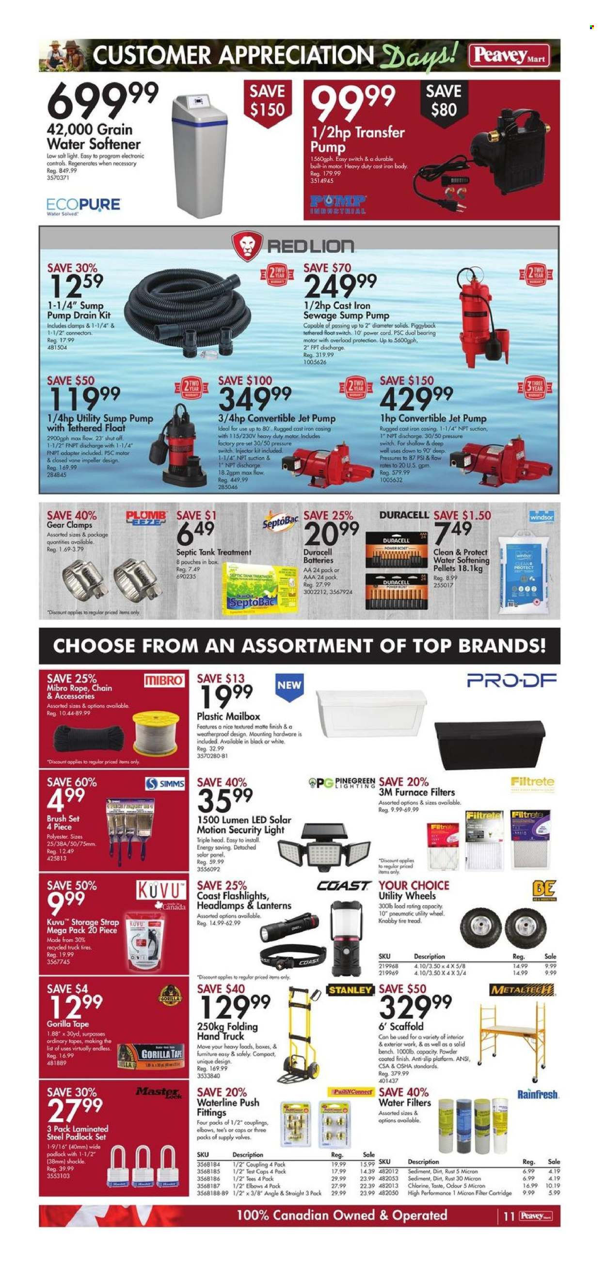 thumbnail - Peavey Mart Flyer - April 26, 2024 - May 02, 2024 - Sales products - hand truck, rope, brush set, padlock, battery, Duracell, water filter, tank, bench, t-shirt, cap, Stanley, security light, solar panel, furnace air filter, water softener, strap, headlamp, duct tape, pump, transfer pumps, tires, flashlight. Page 13.