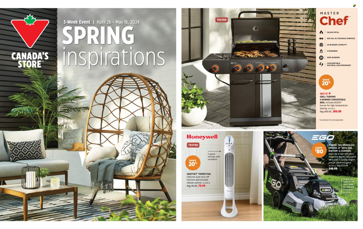 thumbnail - Canadian Tire Flyer - April 26, 2024 - May 16, 2024 - Sales products - Honeywell, remote control, stand fan, tower fan, LED light, Ego, grill. Page 1.