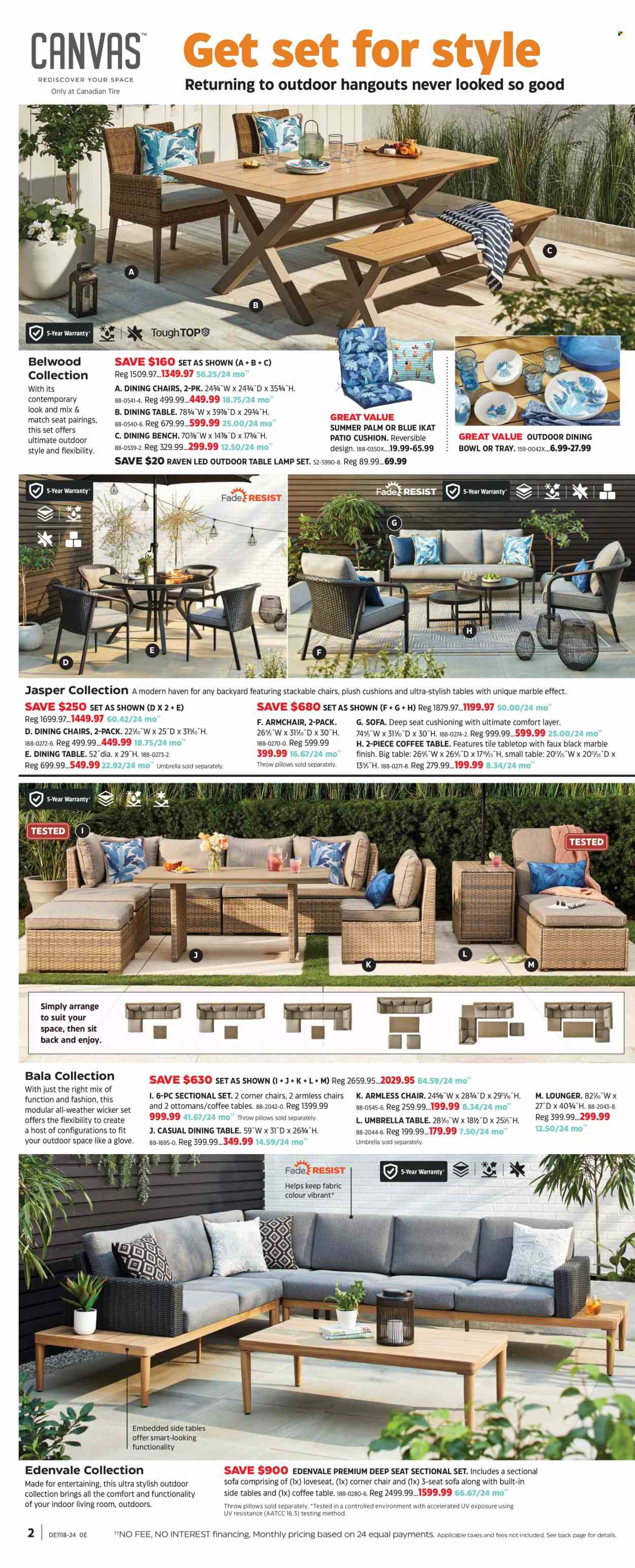 thumbnail - Canadian Tire Flyer - April 26, 2024 - May 16, 2024 - Sales products - chair, bowl, pillow, blanket, cushion, dining table, dining bench, bench, arm chair, corner chair, loveseat, sofa, coffee table, sidetable, lounger, lamp, table lamp, umbrella, palm. Page 2.