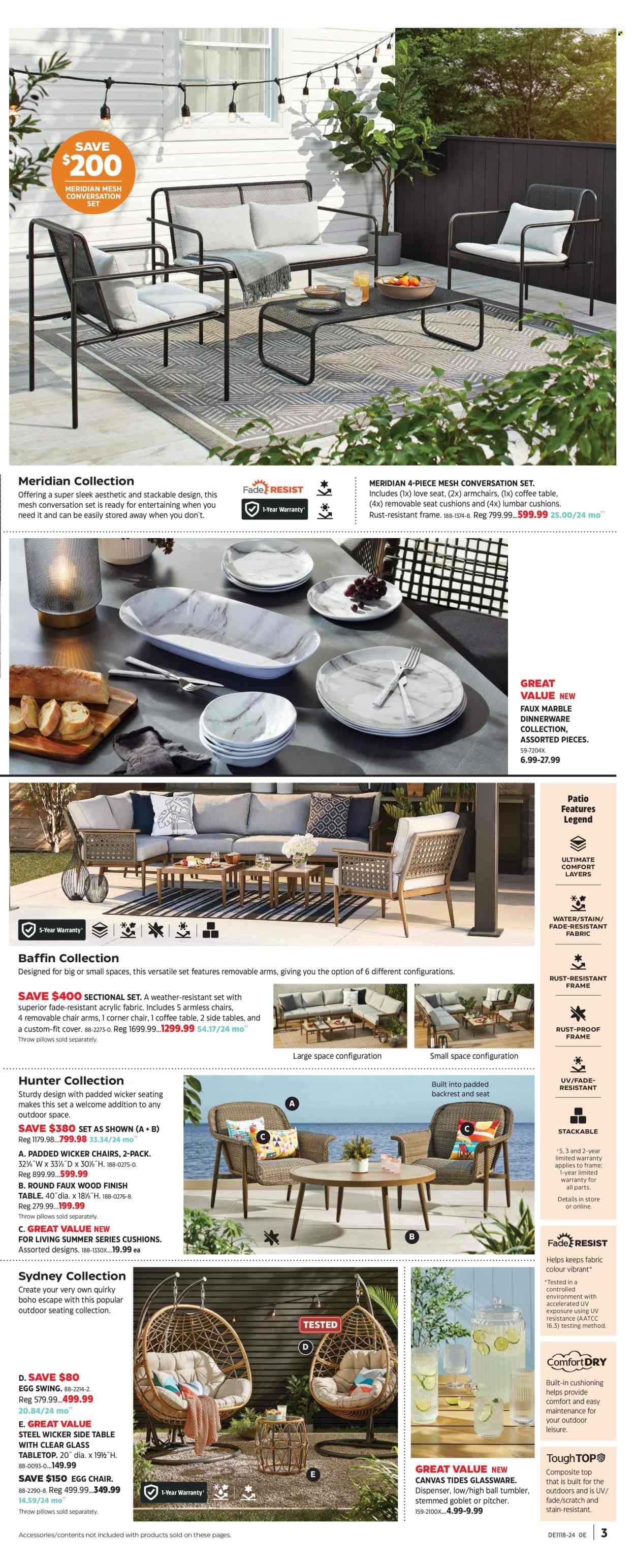 thumbnail - Canadian Tire Flyer - April 26, 2024 - May 16, 2024 - Sales products - chair, dispenser, dinnerware set, glassware set, tumbler, pitcher, pillow, blanket, cushion, back pillow, table, arm chair, corner chair, coffee table, sidetable, Hunter. Page 3.