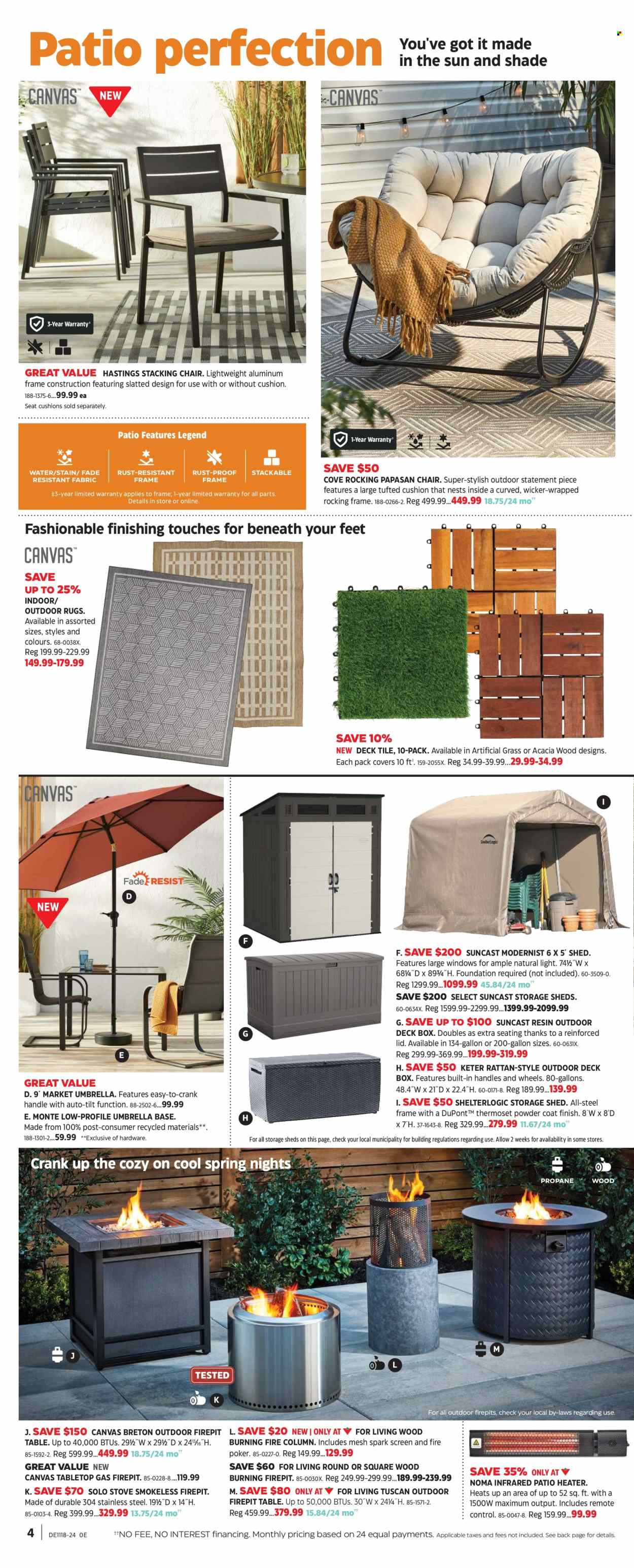 thumbnail - Canadian Tire Flyer - April 26, 2024 - May 16, 2024 - Sales products - chair, lid, cushion, remote control, stove, table, folding chair, heater, rug, storage shed, shed, umbrella, parasol, artificial grass. Page 4.
