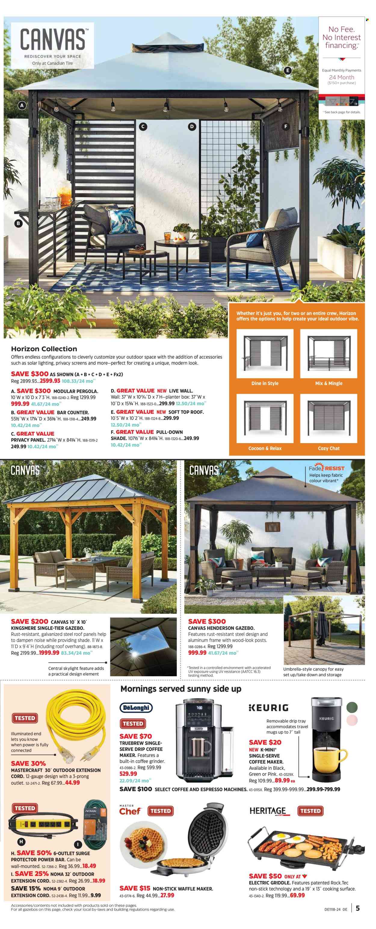 thumbnail - Canadian Tire Flyer - April 26, 2024 - May 16, 2024 - Sales products - mug, coffee grinder, travel mug, canvas, coffee machine, built-in coffee machine, waffle maker, grinder, lighting, surge, surge protector, extension cord, gauge, gazebo, pergola, umbrella, griddle, plant pot, planter box. Page 5.