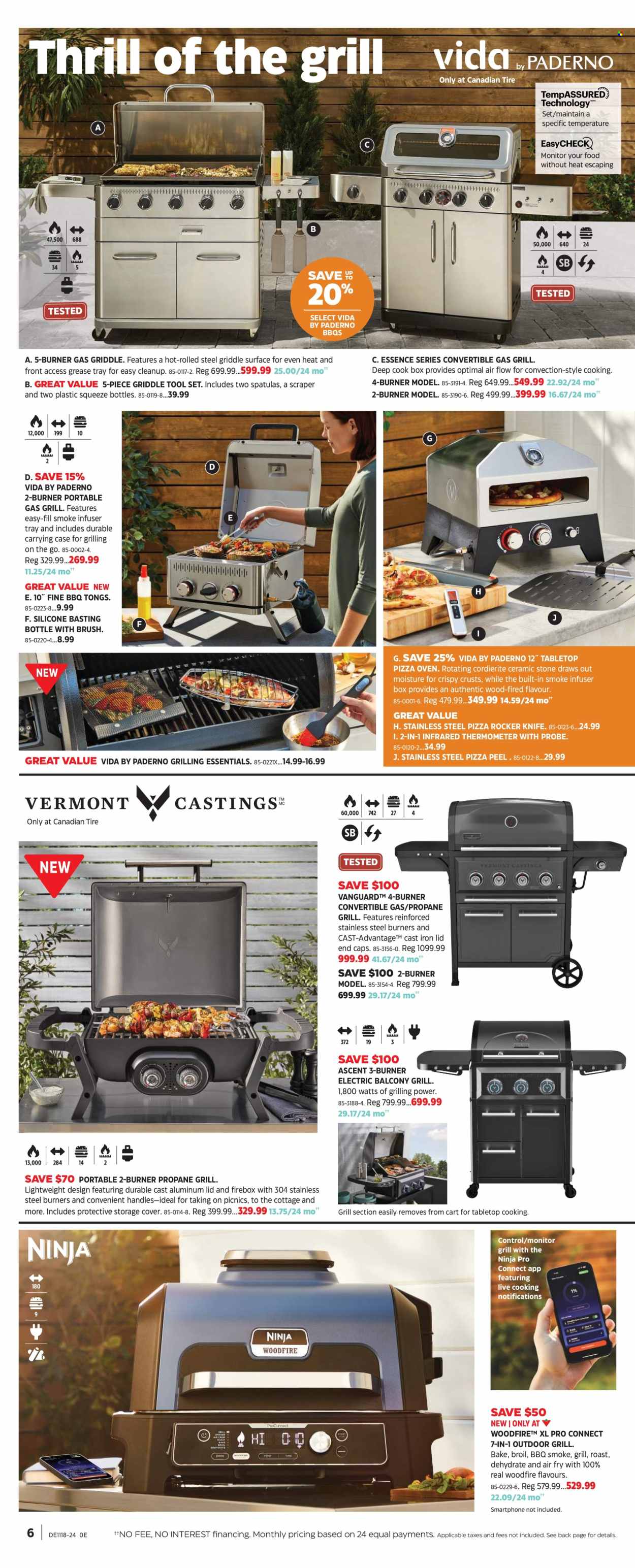 thumbnail - Canadian Tire Flyer - April 26, 2024 - May 16, 2024 - Sales products - knife, lid, spatula, tong, smartphone, pizza oven, oven, tool set, gas grill, grill, firebox, griddle. Page 6.