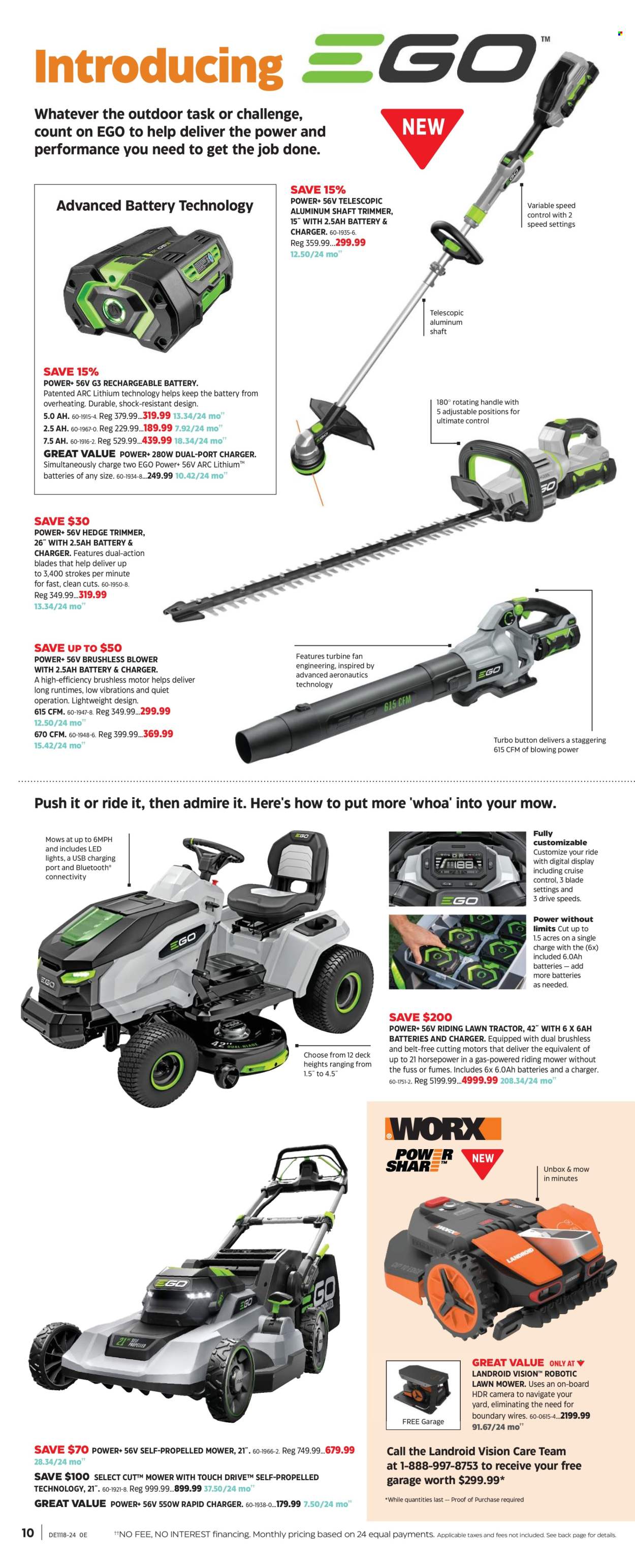 thumbnail - Canadian Tire Flyer - April 26, 2024 - May 16, 2024 - Sales products - rechargeable battery, camera, tractor, LED light, Ego, lawn mower, hedge trimmer, blower, belt. Page 10.