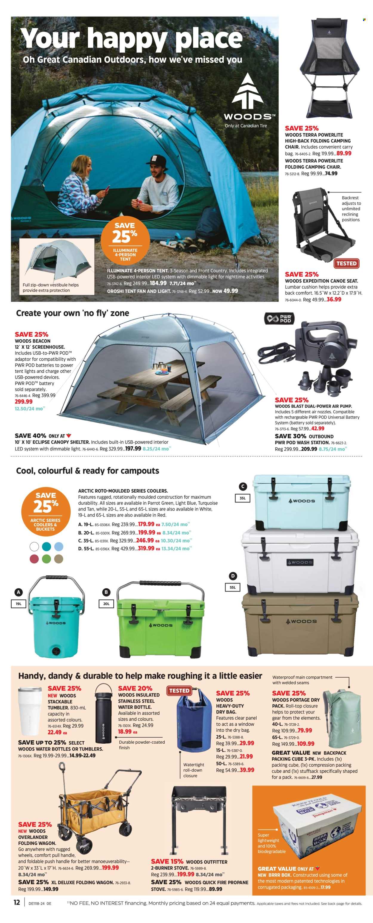 thumbnail - Canadian Tire Flyer - April 26, 2024 - May 16, 2024 - Sales products - chair, bucket, adaptor, tumbler, drink bottle, cushion, back pillow, Parrot, carry bag, pump, canoe, camping chair, dry bag, tent fan, folding wagon, Eclipse. Page 11.