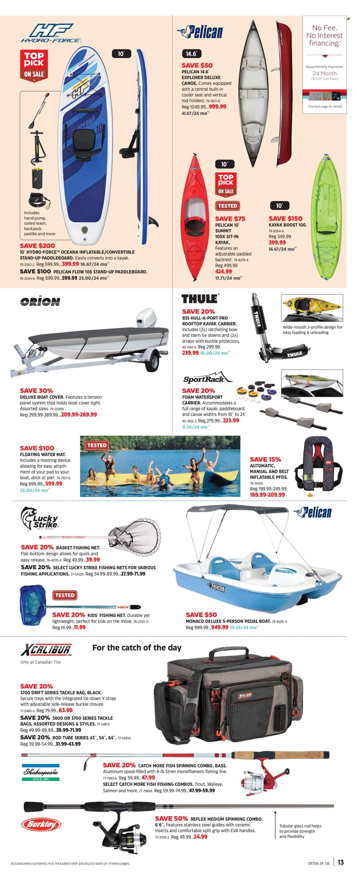 thumbnail - Canadian Tire Flyer - April 26, 2024 - May 16, 2024 - Sales products - basket, back pillow, fish, leash, canoe, paddleboard, boat cover, tackle bag, strap, tie downs. Page 12.