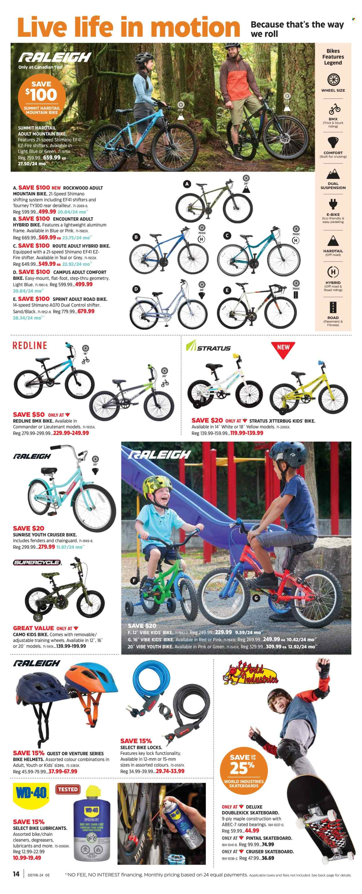 thumbnail - Canadian Tire Flyer - April 26, 2024 - May 16, 2024 - Sales products - cleaner, electric bike, Shimano, mountain bike, kids bike, skateboard, fishing rod, cruiser, lubricant. Page 13.