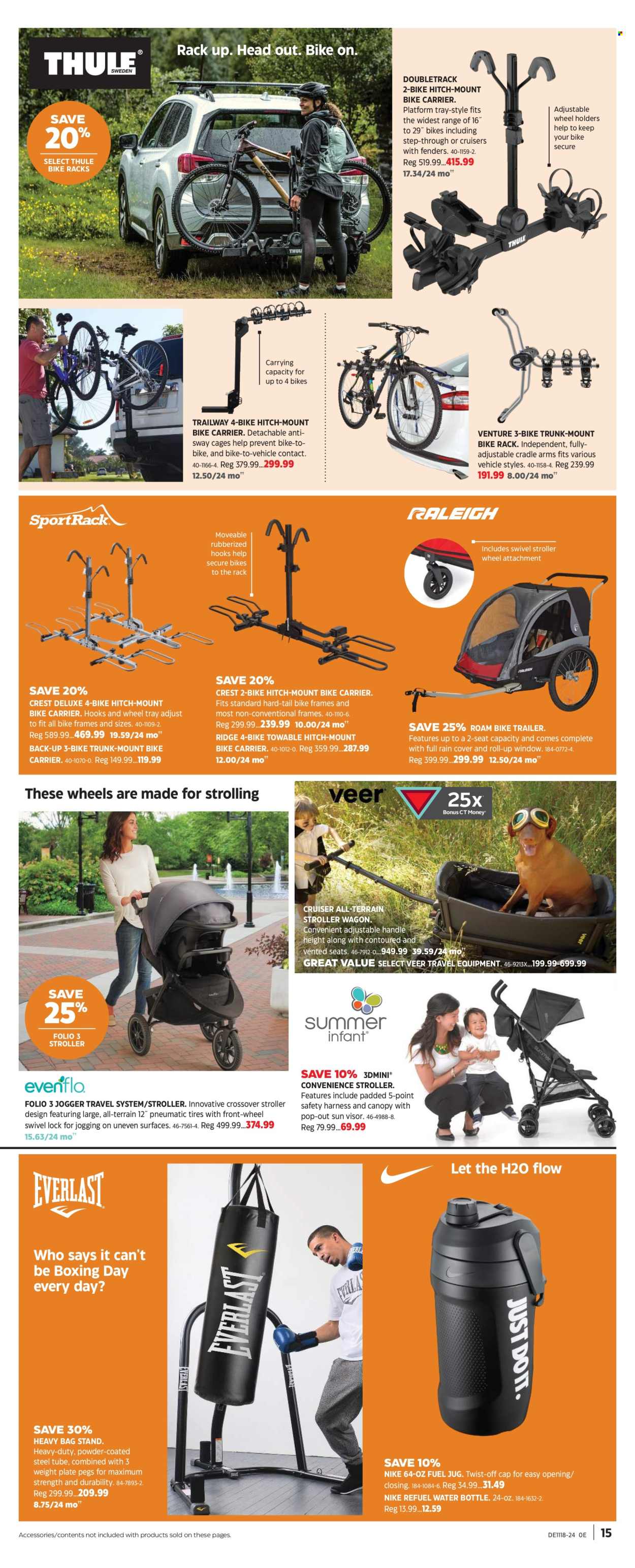 thumbnail - Canadian Tire Flyer - April 26, 2024 - May 16, 2024 - Sales products - plate, drink bottle, Nike, heavy bag, bike rack, wagon, vehicle, trailer, cruiser, Thule, window, bike carrier. Page 14.