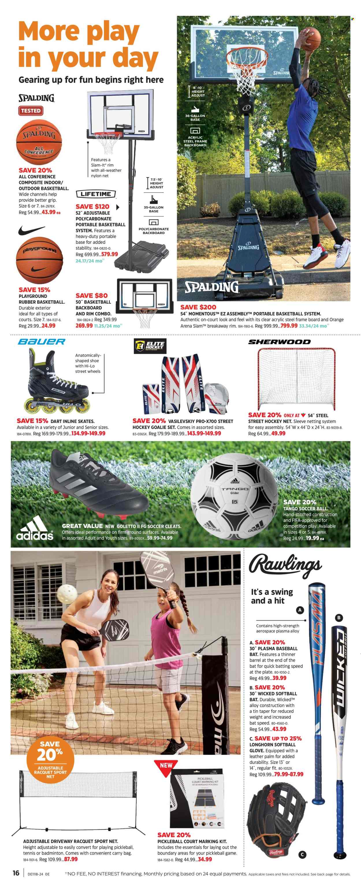 thumbnail - Canadian Tire Flyer - April 26, 2024 - May 16, 2024 - Sales products - gallon, eraser, carry bag, shoes, cleats, soccer cleats, portable basketball system, basketball hoop, playground ball, inline skates, skates, baseball bat, palm. Page 15.