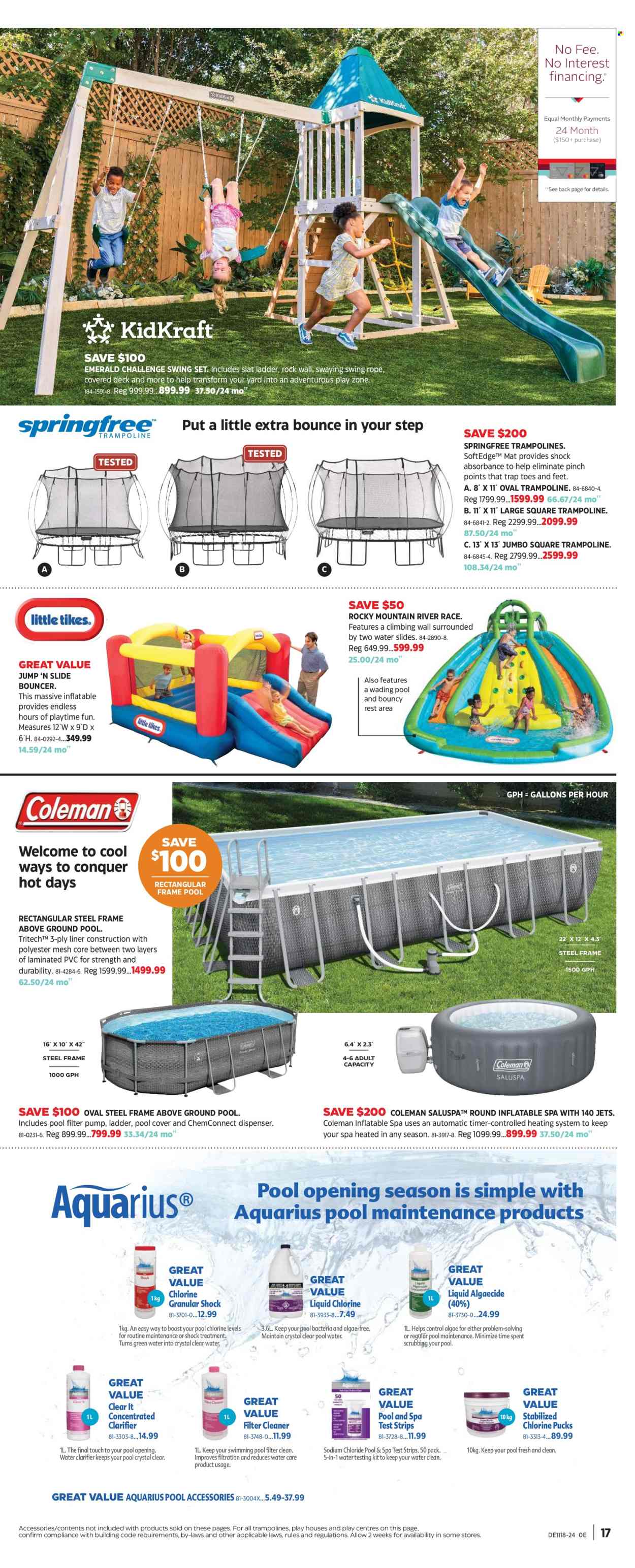 thumbnail - Canadian Tire Flyer - April 26, 2024 - May 16, 2024 - Sales products - cleaner, Bounce, rope, dispenser, slides, Coleman, trampoline, swing set, ladder, pool chemicals, pool accessories. Page 16.