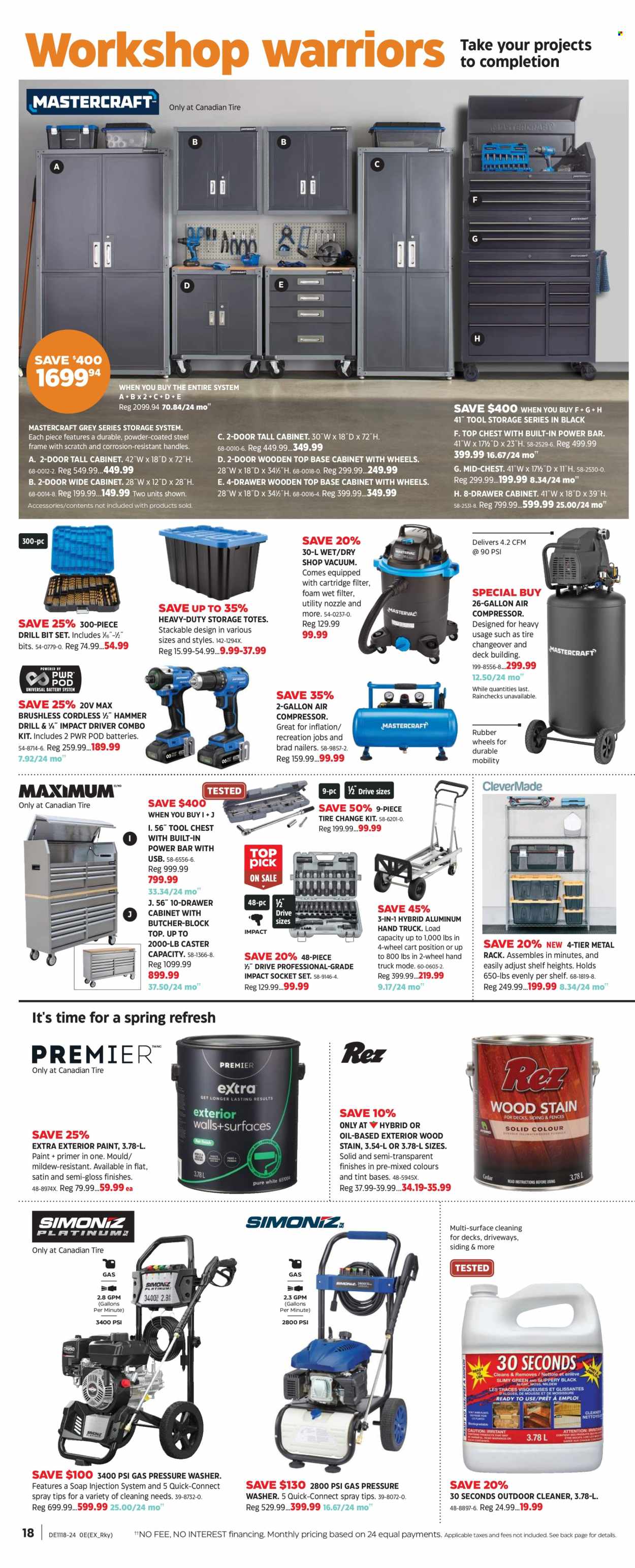 thumbnail - Canadian Tire Flyer - April 26, 2024 - May 16, 2024 - Sales products - cleaner, hand truck, compressor, cabinet, drawer cabinet, tote, wood stain, impact driver, drill bit set, hammer drill, socket set, combo kit, tool chest, air compressor, cart, pressure washer, bit set. Page 17.