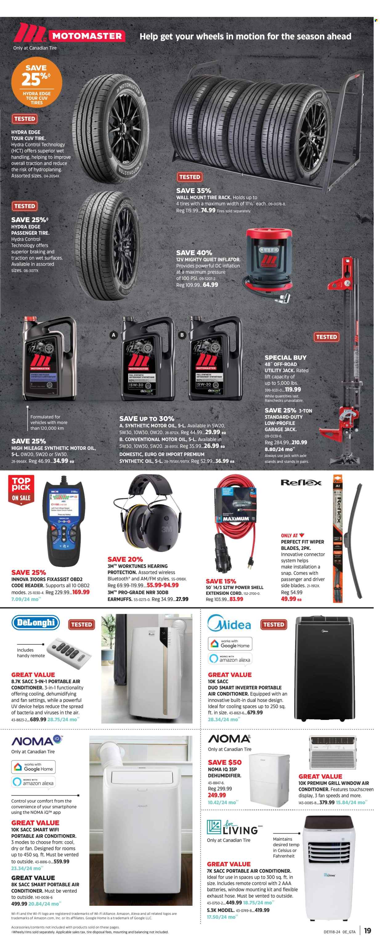 thumbnail - Canadian Tire Flyer - April 26, 2024 - May 16, 2024 - Sales products - dehumidifier, battery, google home, remote control, air conditioner, portable air conditioner, inflator, hearing protection, earmuffs, extension cord, grill, wiper blades, axle stands, motor oil, Shell. Page 18.