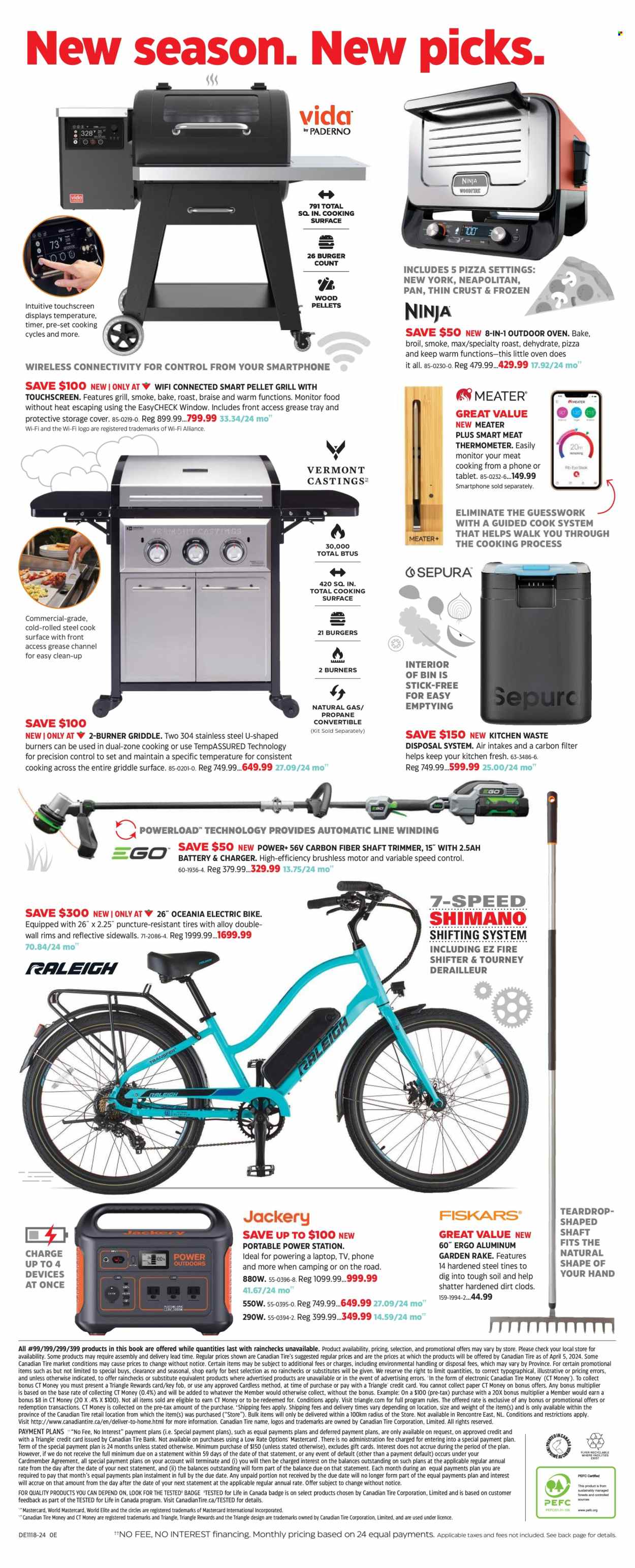 thumbnail - Canadian Tire Flyer - April 26, 2024 - May 16, 2024 - Sales products - thermometer, bin, pan, meat thermometer, paper, book, smartphone, TV, oven, trimmer, electric bike, Shimano, bicycle, fishing rod, timer, window, portable power station, grill, pellet grill, griddle, rake, tires. Page 19.