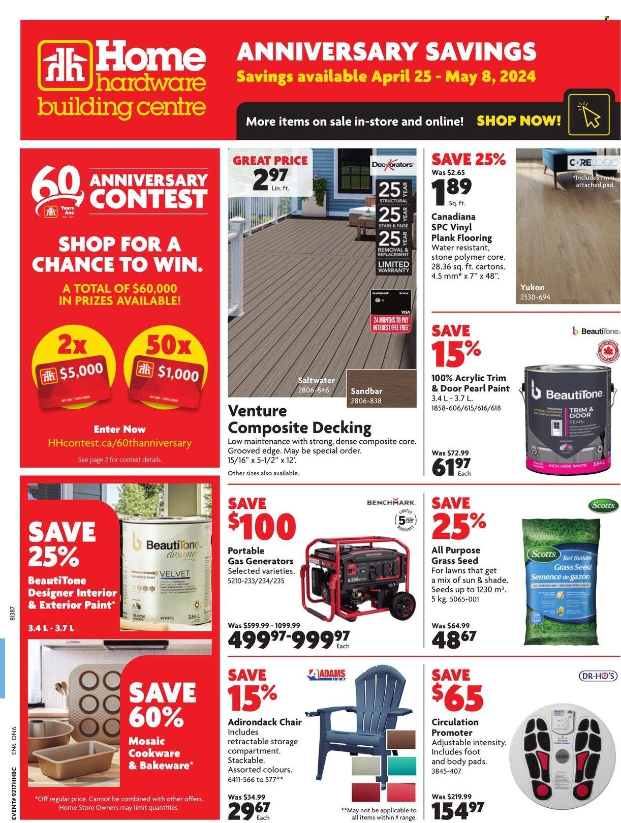 thumbnail - Home Hardware Building Centre Flyer - April 25, 2024 - May 08, 2024 - Sales products - pads, foot massager, chair, garden furniture, patio chair, paint, flooring, grass seed, turf builder. Page 1.