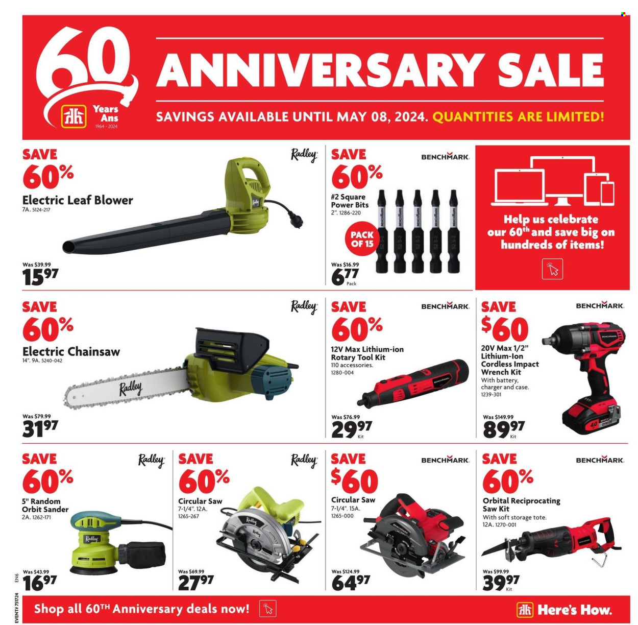 thumbnail - Home Hardware Building Centre Flyer - April 25, 2024 - May 08, 2024 - Sales products - rotary tool, impact wrench, random orbit sander, chain saw, circular saw, saw, reciprocating saw, leaf blower, tool set, blower, storage tote. Page 5.
