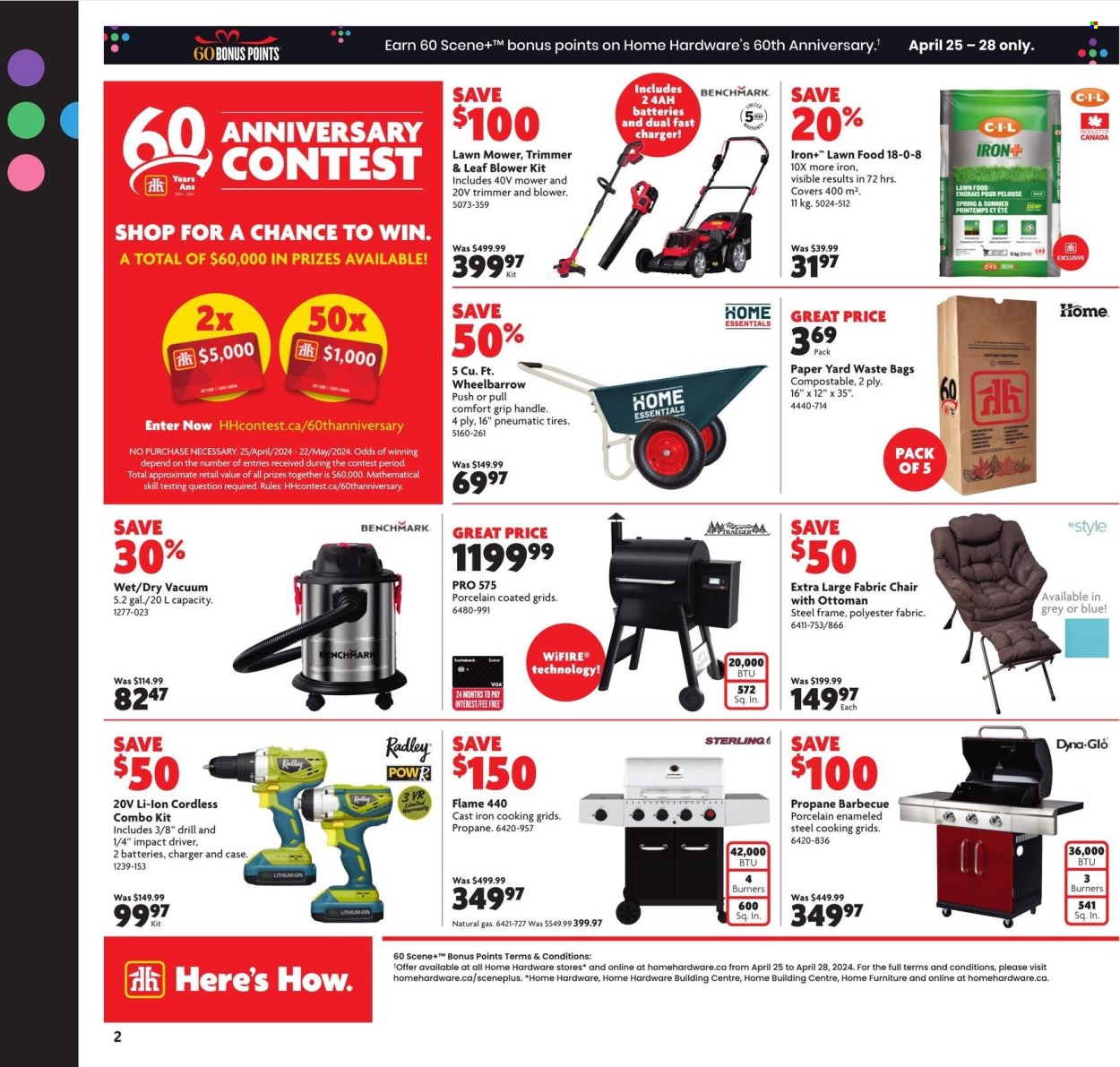 thumbnail - Home Hardware Building Centre Flyer - April 25, 2024 - May 08, 2024 - Sales products - trash bags, vacuum cleaner, trimmer, chair, ottoman, cordless combo kit, drill, impact driver, leaf blower, lawn mower, combo kit, wheelbarrow, fertilizer, tires. Page 8.