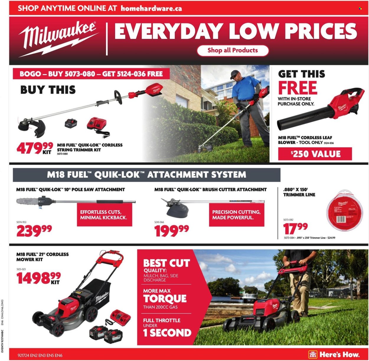 thumbnail - Home Hardware Building Centre Flyer - April 25, 2024 - May 08, 2024 - Sales products - Milwaukee, saw, leaf blower, string trimmer, brush cutter, lawn mower, trimmer line, blower, garden mulch. Page 9.