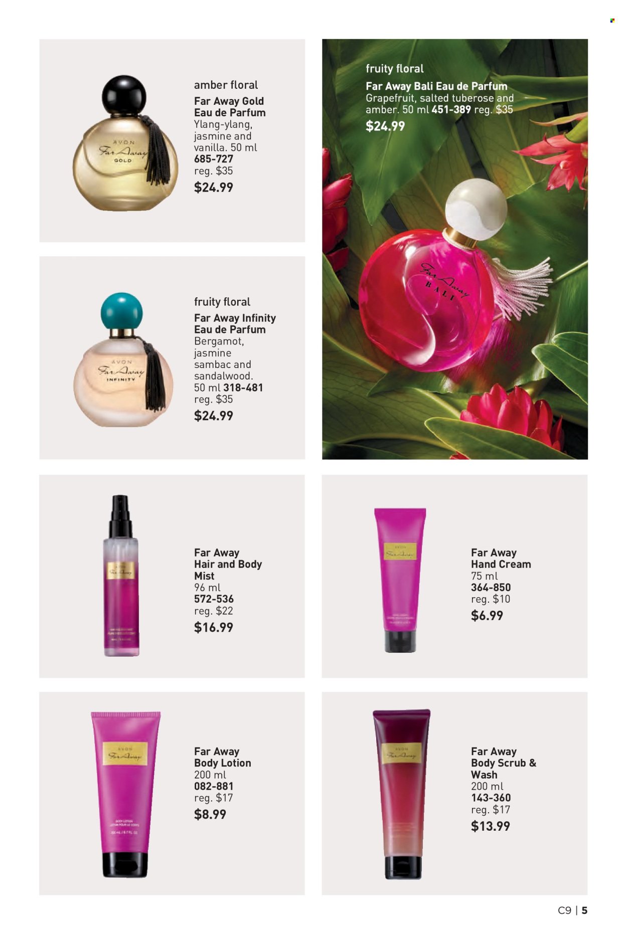 thumbnail - Avon Flyer - Sales products - Avon, Infinity, body lotion, body mist, body scrub, hand cream, eau de parfum, far away. Page 5.