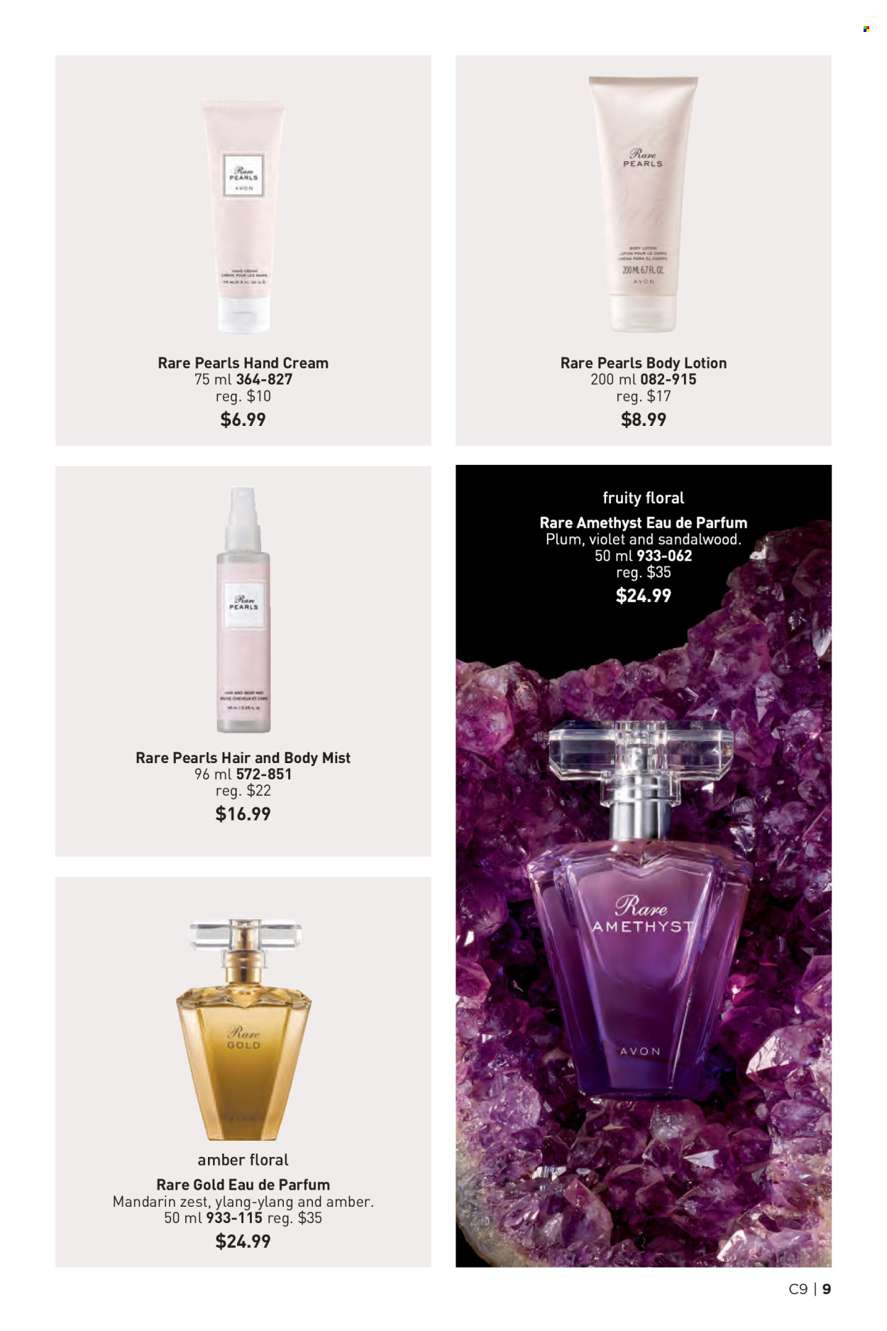 thumbnail - Avon Flyer - Sales products - Avon, body lotion, body mist, hand cream, eau de parfum. Page 9.