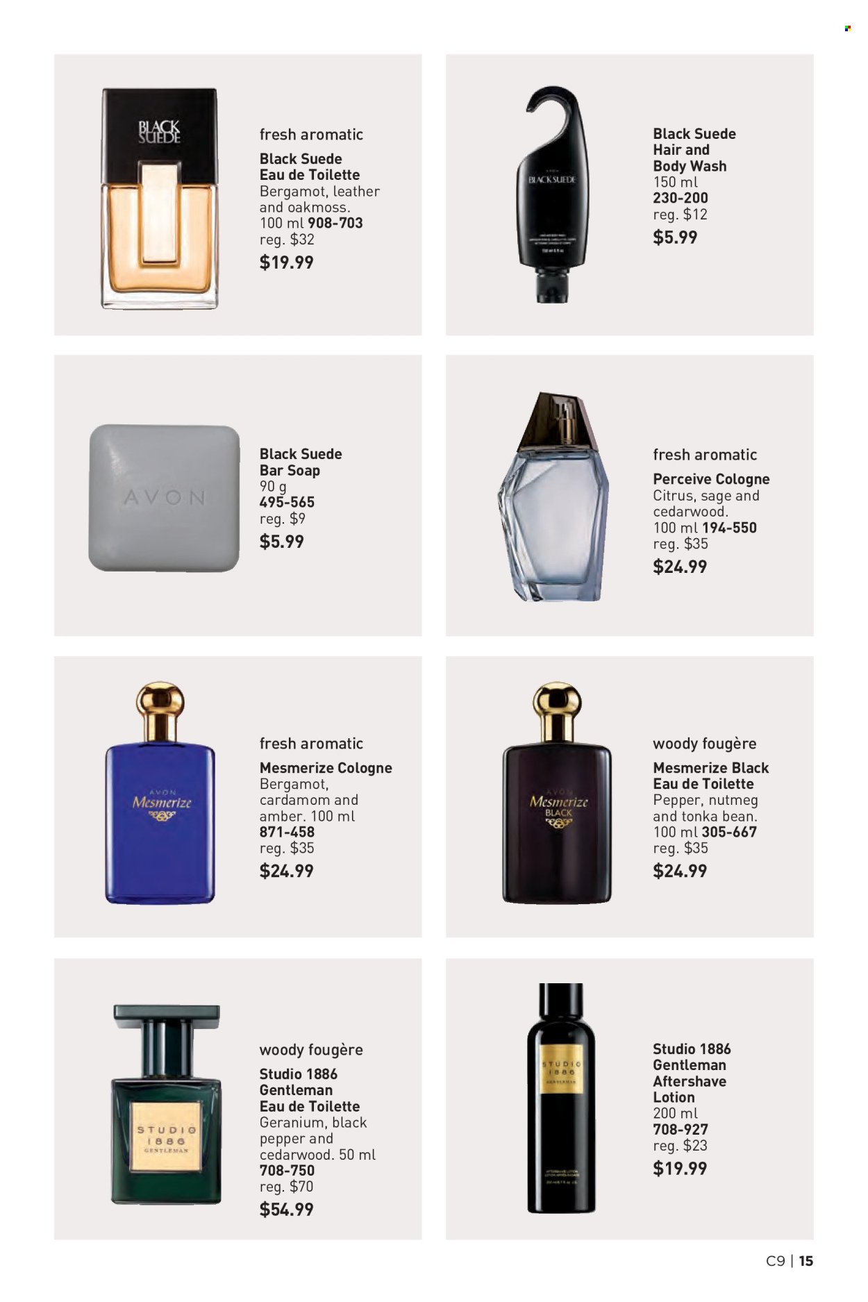 thumbnail - Avon Flyer - Sales products - body wash, Avon, soap bar, soap, after shave, eau de toilette, cologne. Page 15.