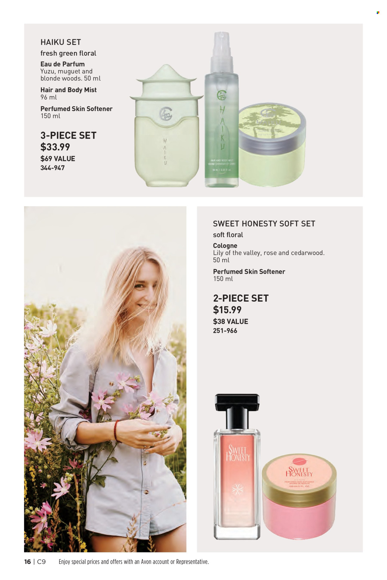 thumbnail - Avon Flyer - Sales products - fabric softener, Avon, skin softener, body mist, eau de parfum, cologne. Page 16.