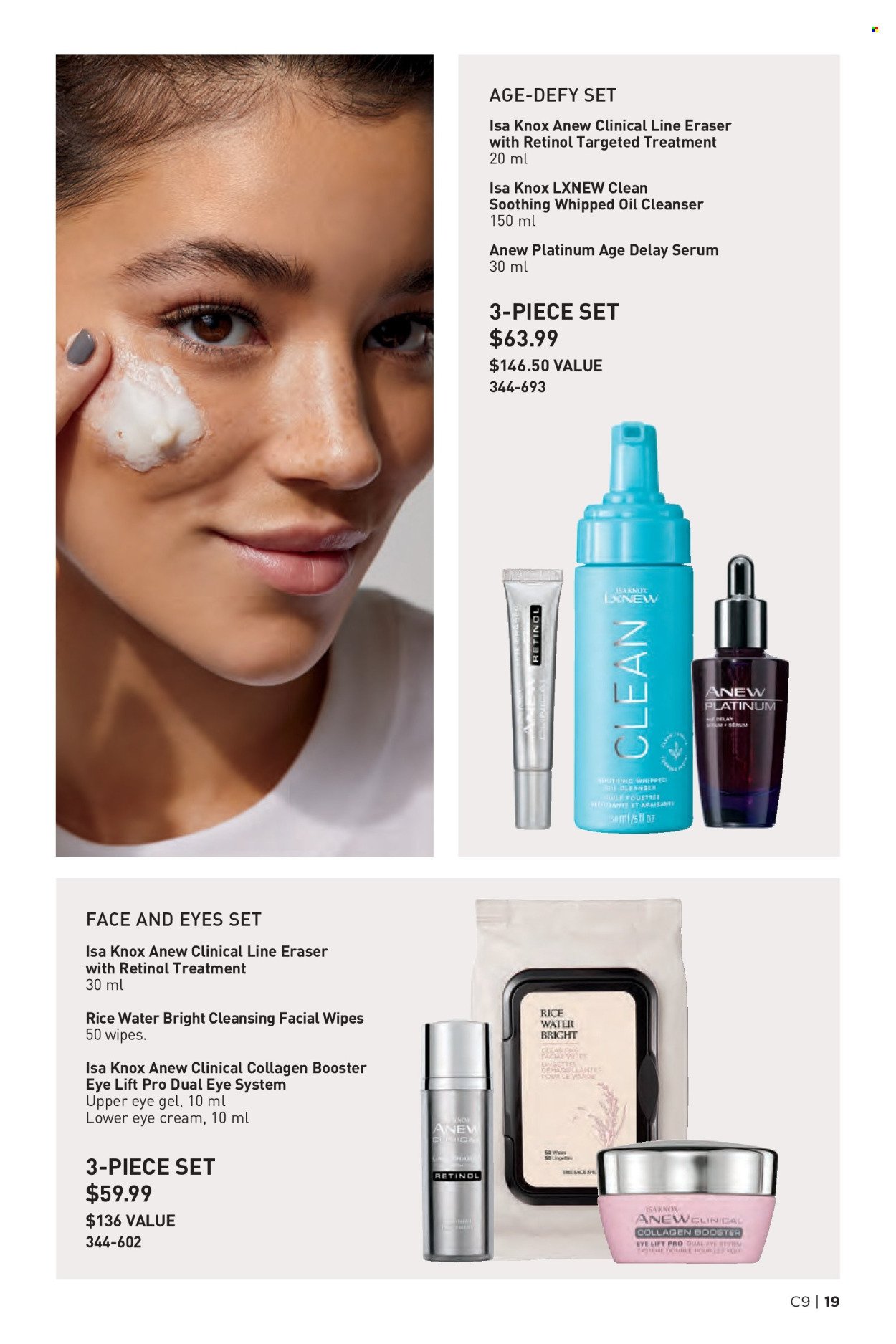 thumbnail - Avon Flyer - Sales products - cleansing wipes, wipes, Anew, cleanser, eye gel, serum, eye cream, skin care product, Line Eraser. Page 19.