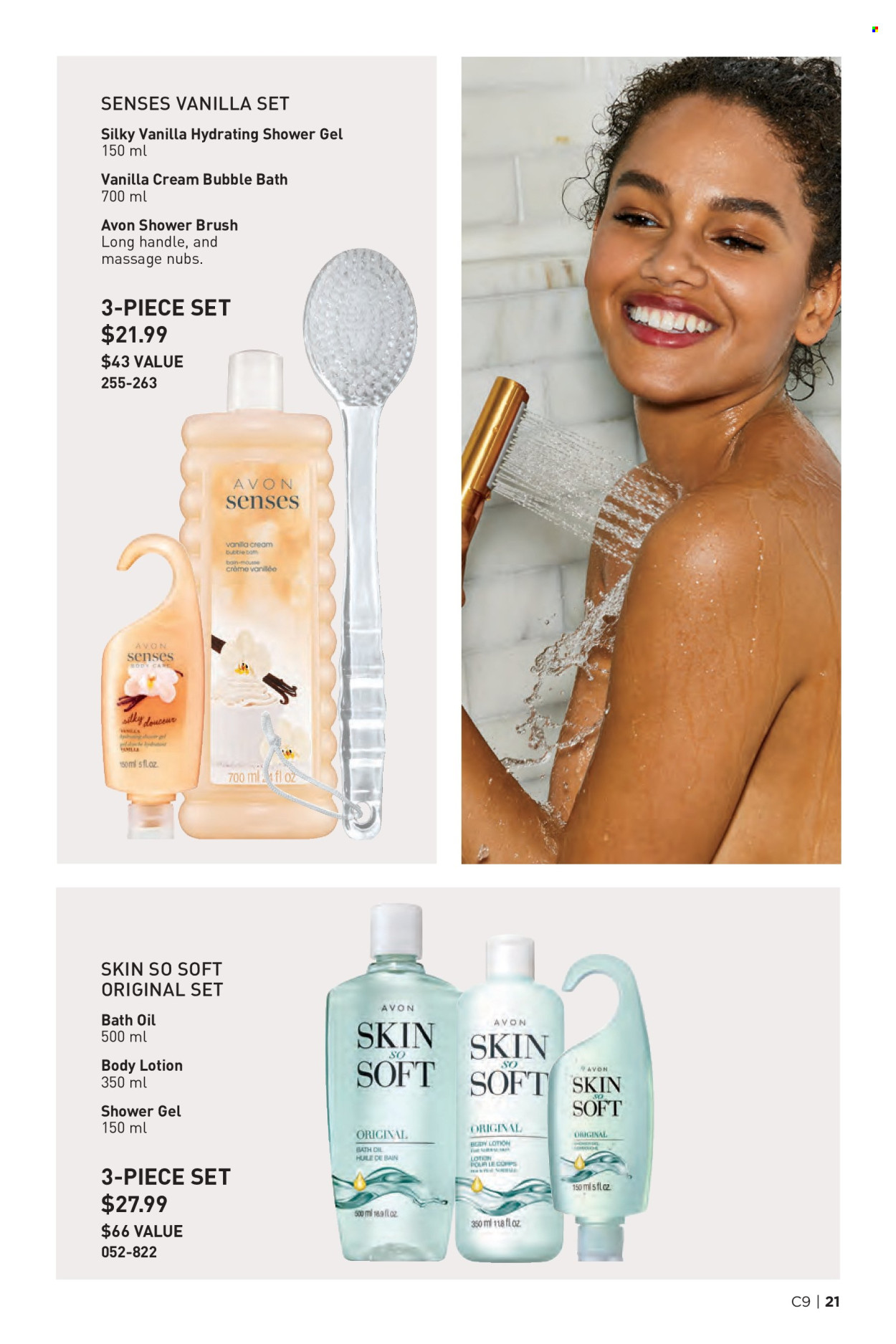 thumbnail - Avon Flyer - Sales products - bath oil, bubble bath, shower gel, Avon, Skin So Soft, mousse, body lotion, brush. Page 21.