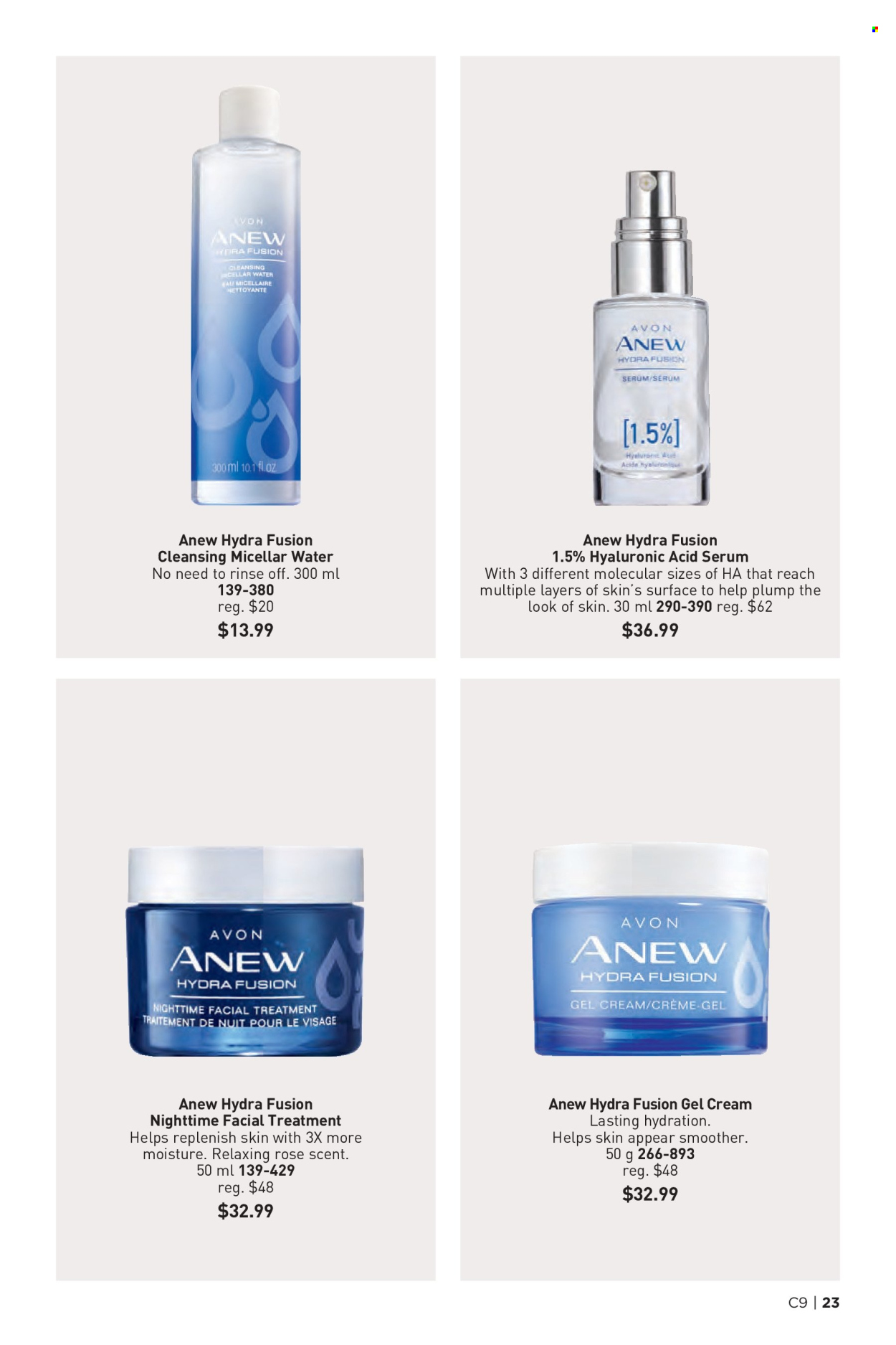 thumbnail - Avon Flyer - Sales products - Avon, Anew, gel cream, micellar water, serum, skin care product. Page 23.
