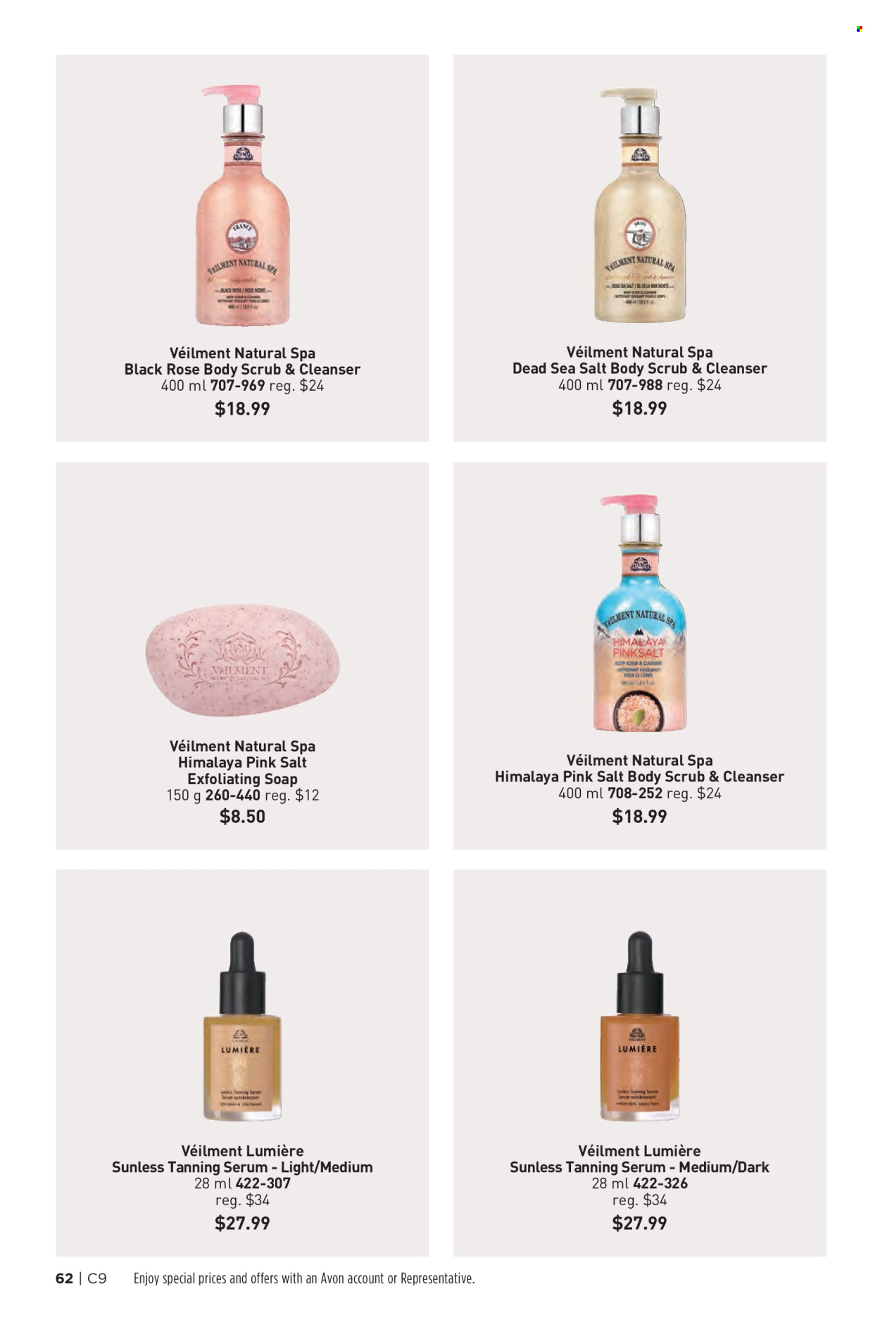 thumbnail - Avon Flyer - Sales products - Avon, soap, cleanser, serum, body scrub. Page 62.