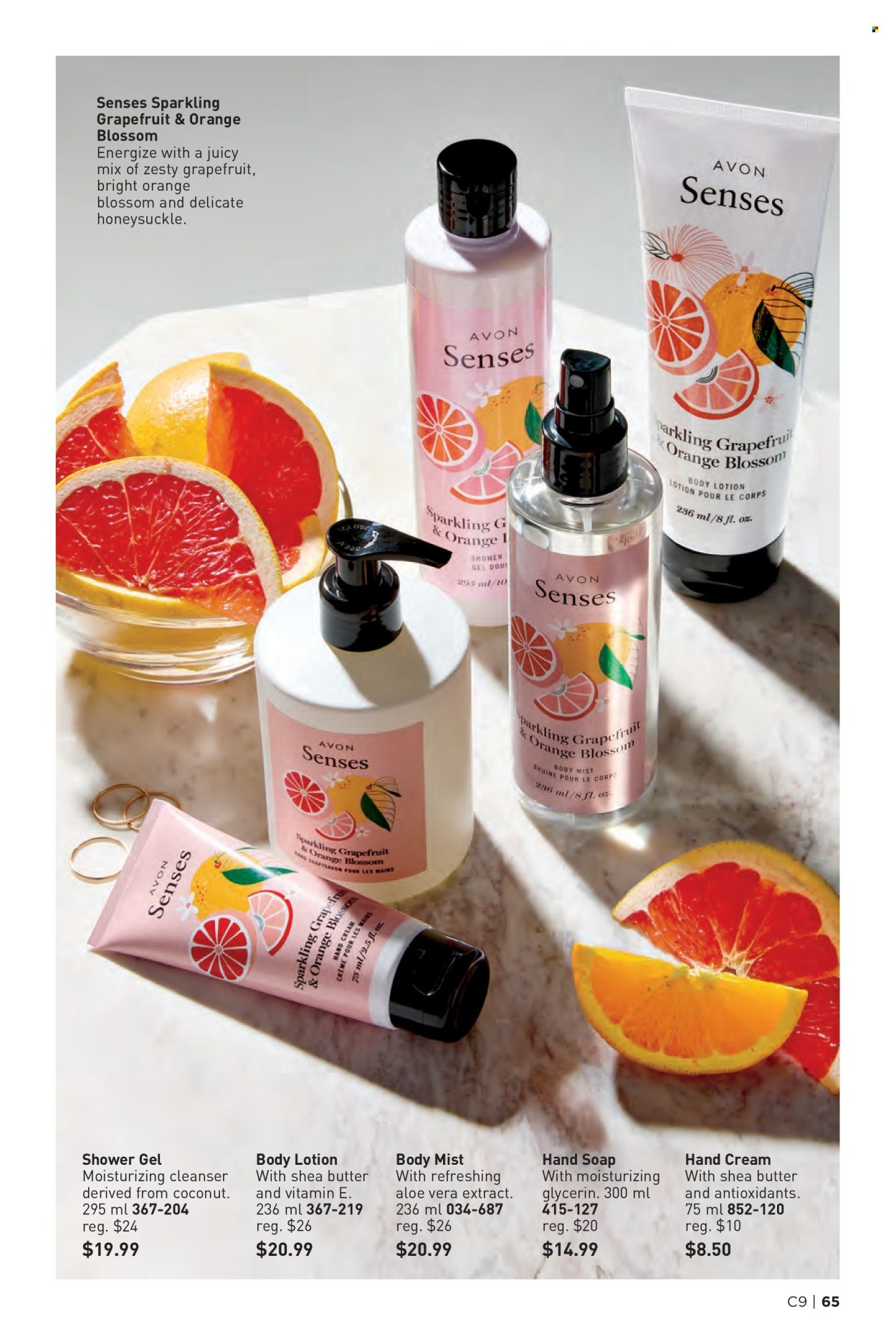 thumbnail - Avon Flyer - Sales products - shower gel, hand soap, Avon, soap, cleanser, body lotion, body mist, hand cream, aloe vera. Page 65.