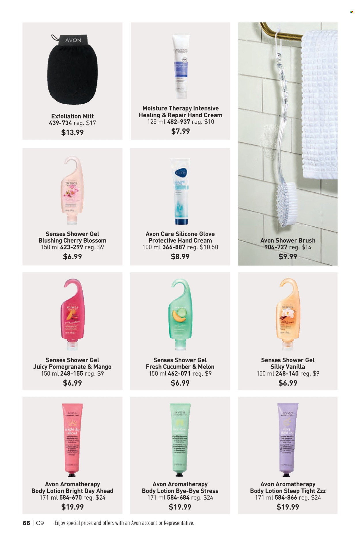 thumbnail - Avon Flyer - Sales products - shower gel, Avon, Moisture Therapy, body lotion, hand cream, brush, gloves. Page 66.