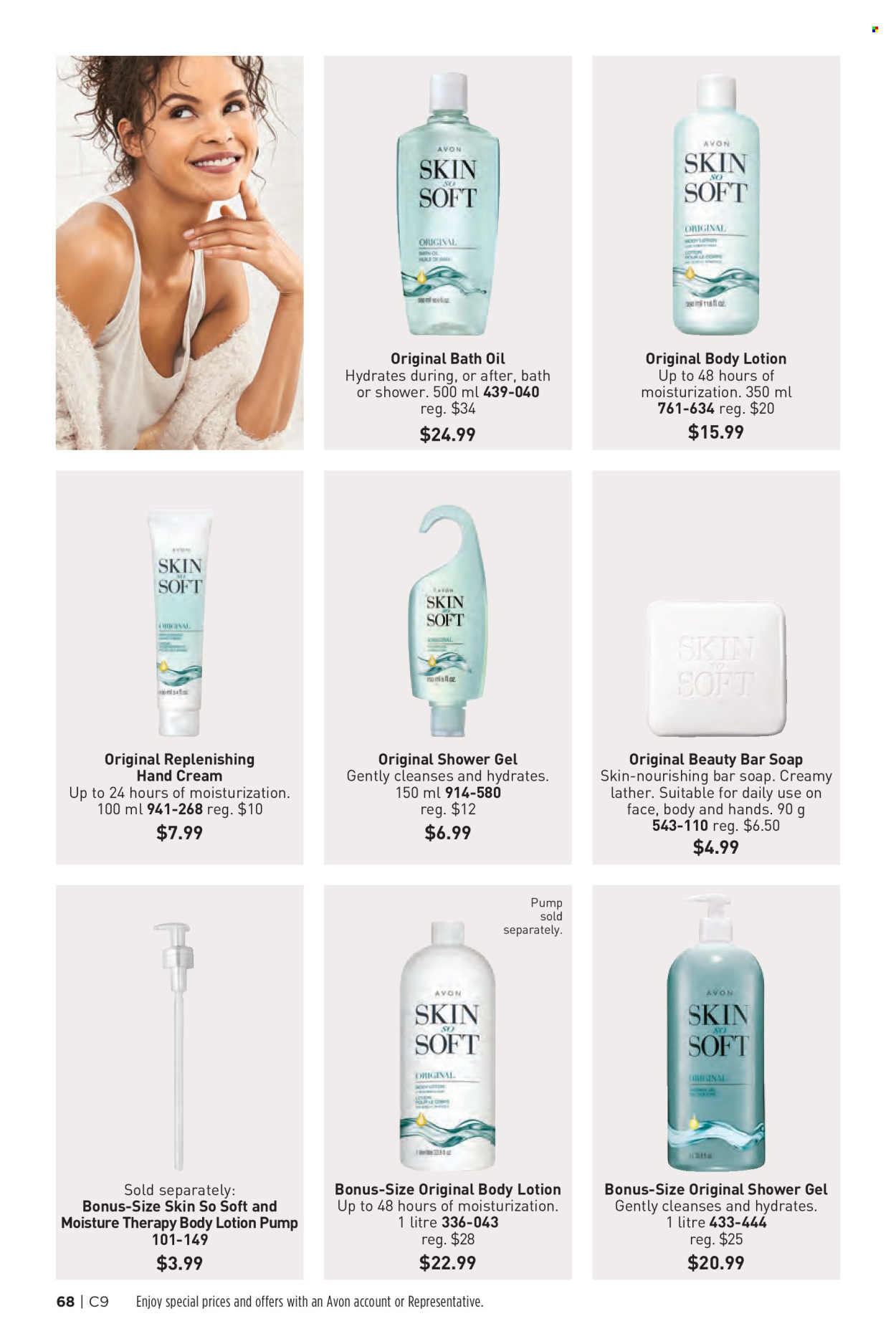thumbnail - Avon Flyer - Sales products - bath oil, shower gel, Avon, soap bar, soap, Moisture Therapy, Skin So Soft, body lotion, hand cream. Page 68.