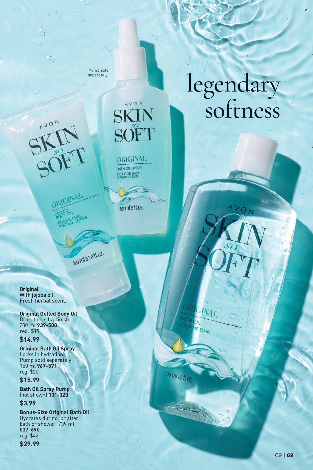 thumbnail - Avon Flyer - Sales products - bath oil, Avon, Skin So Soft, body oil. Page 69.
