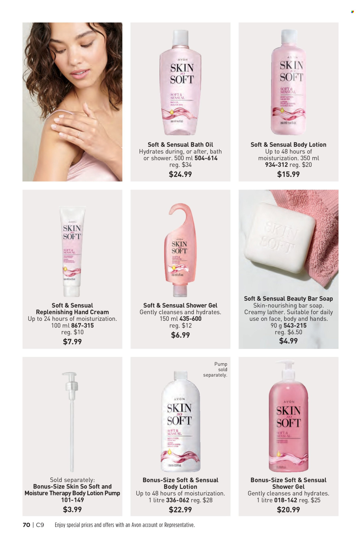 thumbnail - Avon Flyer - Sales products - bath oil, shower gel, Avon, soap bar, soap, Moisture Therapy, Skin So Soft, body lotion, hand cream. Page 70.