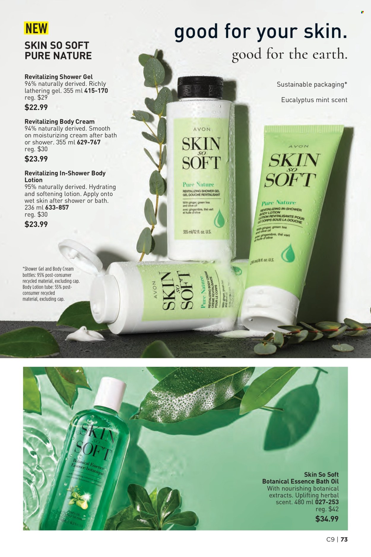thumbnail - Avon Flyer - Sales products - bath oil, shower gel, Avon, Skin So Soft, moisturing cream, body lotion, body cream. Page 73.