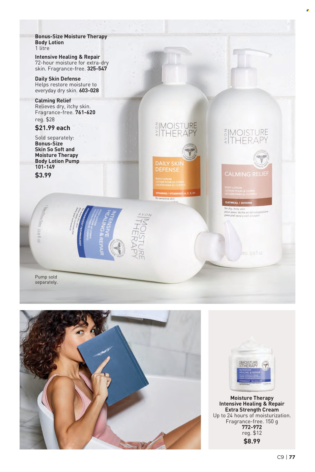 thumbnail - Avon Flyer - Sales products - Avon, Moisture Therapy, Skin So Soft, body lotion, fragrance, dietary supplement, vitamins. Page 77.