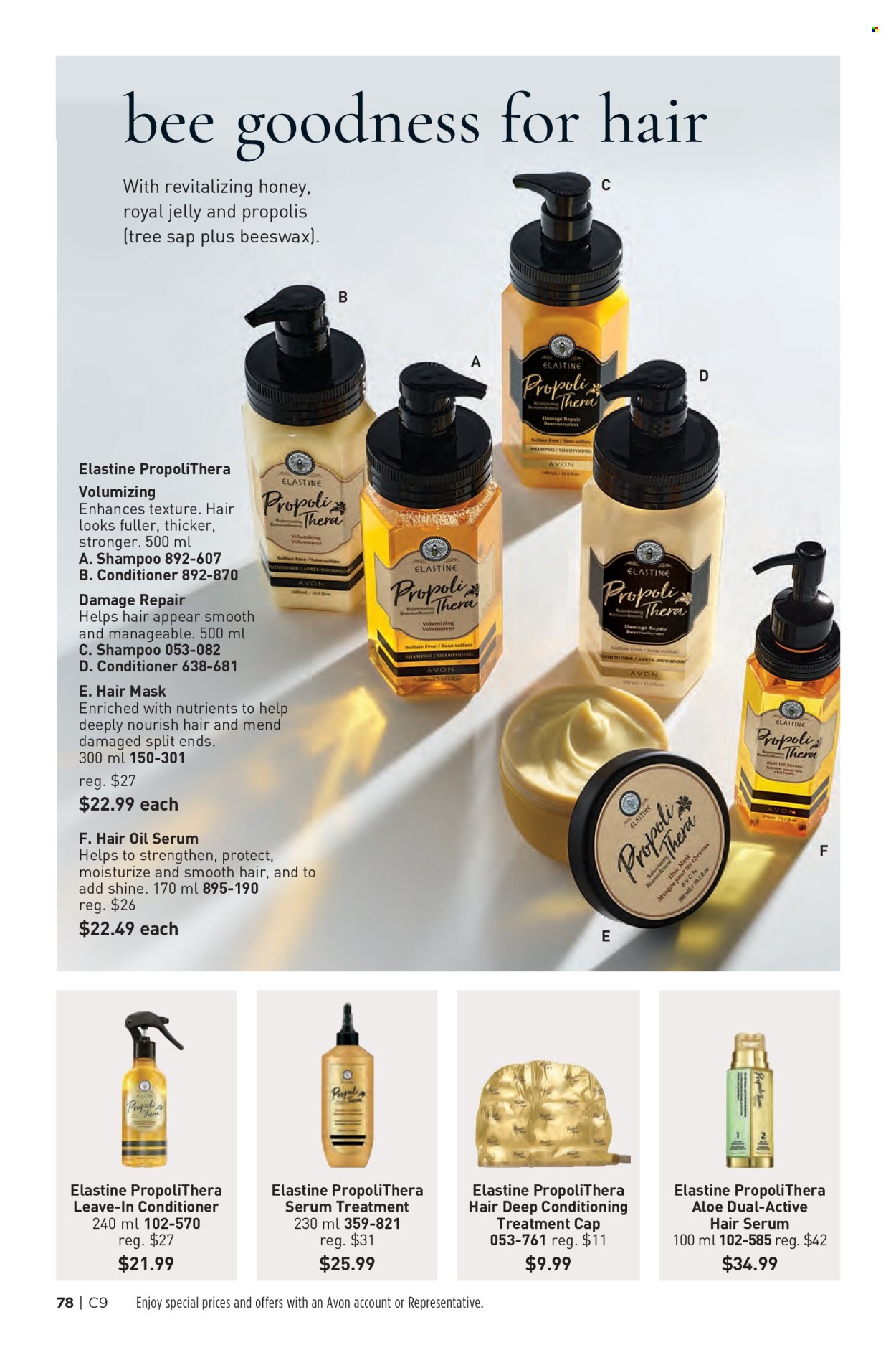 thumbnail - Avon Flyer - Sales products - shampoo, Avon, hair products, serum, royal jelly, conditioner, hair oil, hair mask, cap. Page 78.