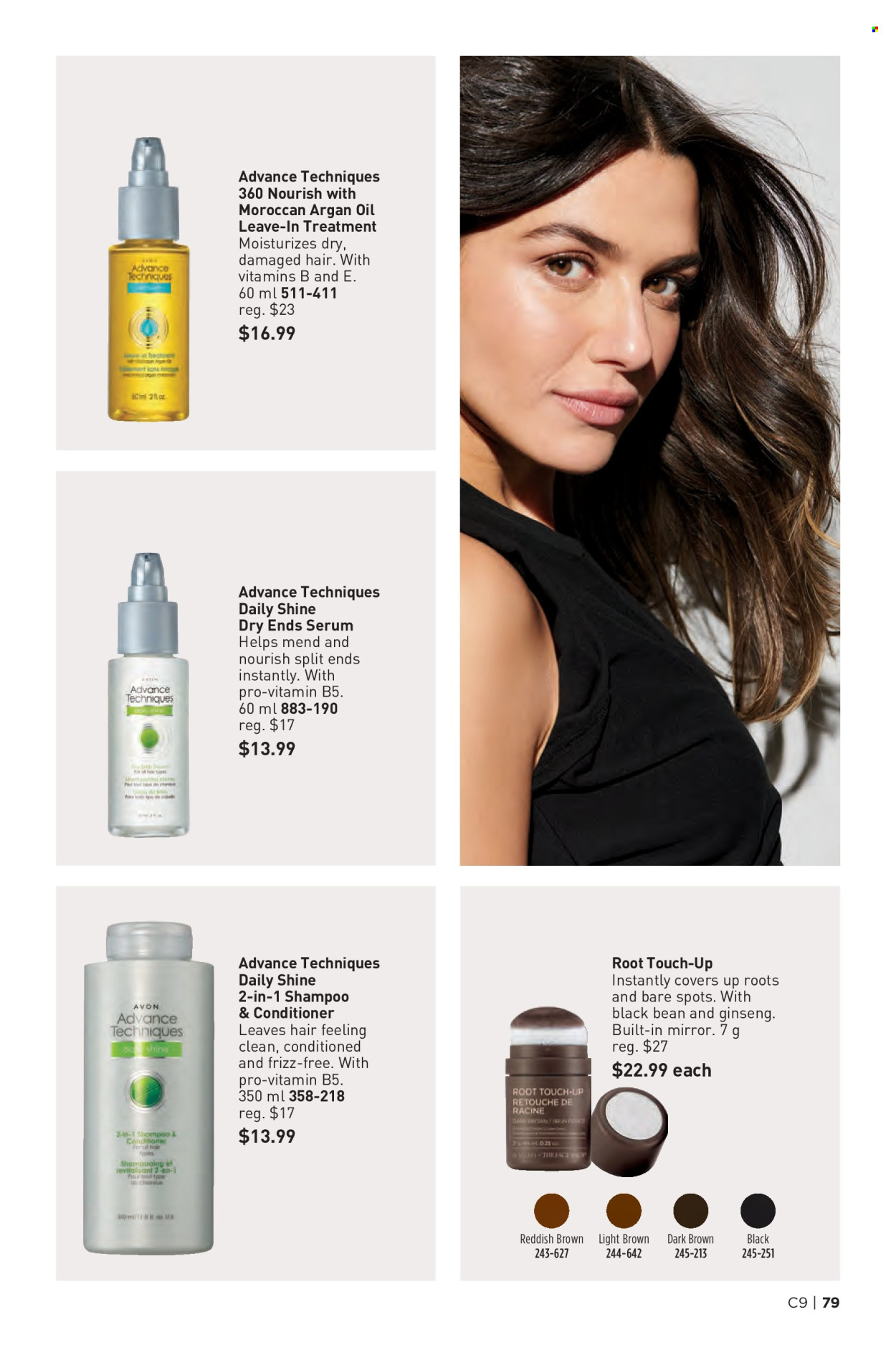 thumbnail - Avon Flyer - Sales products - shampoo, Avon, serum, Root Touch-Up, conditioner, t-shirt, ginseng, dietary supplement, vitamins. Page 79.