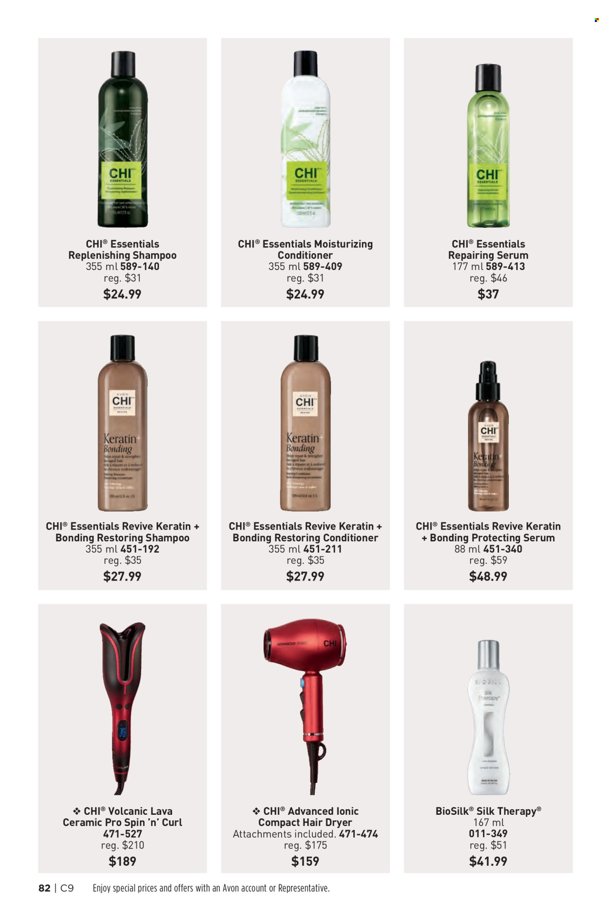 thumbnail - Avon Flyer - Sales products - shampoo, Avon, serum, conditioner, keratin, hair dryer. Page 82.