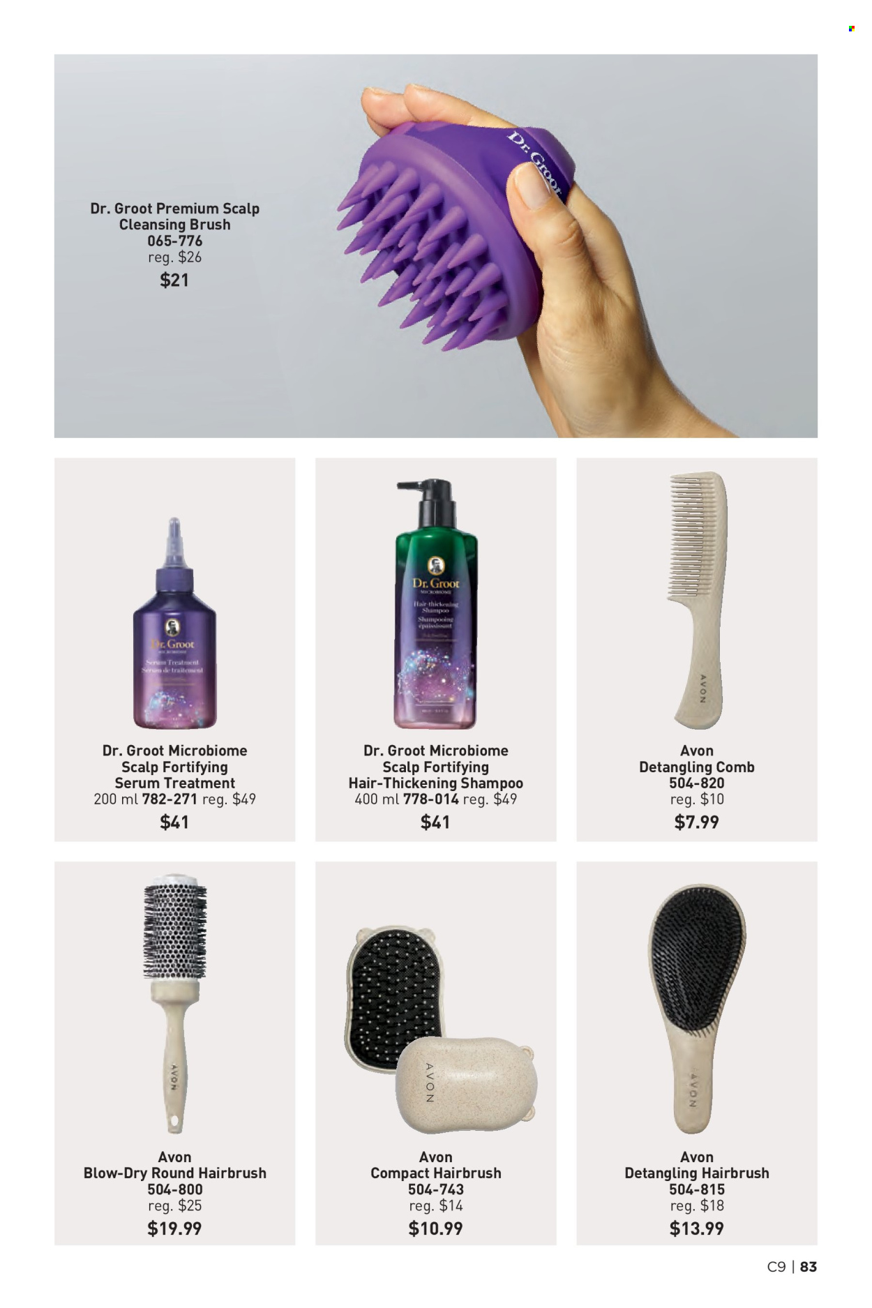 thumbnail - Avon Flyer - Sales products - shampoo, Avon, serum, comb, hair brush, brush. Page 83.