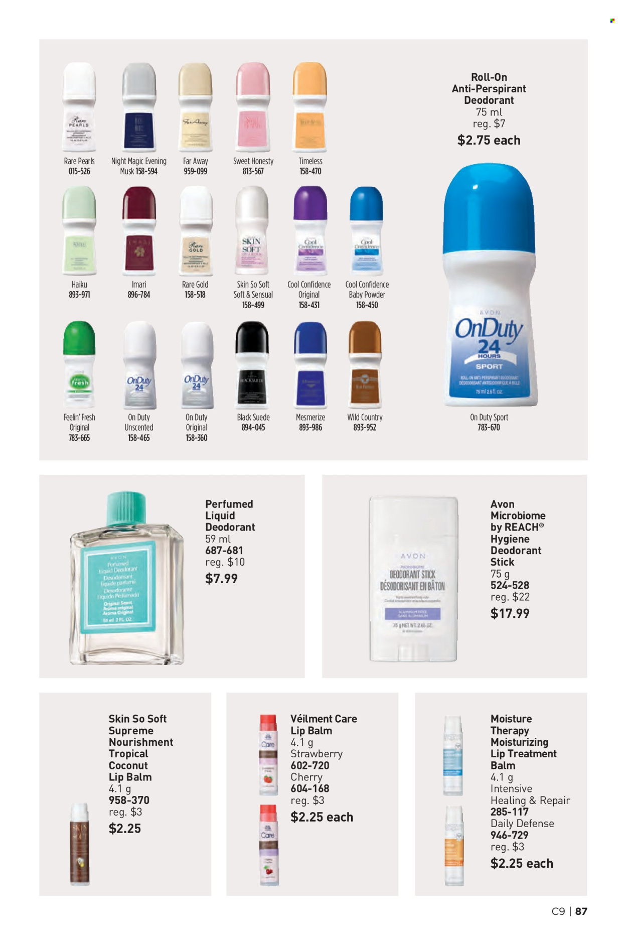 thumbnail - Avon Flyer - Sales products - baby powder, Avon, lip balm, Moisture Therapy, Skin So Soft, anti-perspirant, far away, roll-on, Imari, deodorant. Page 87.